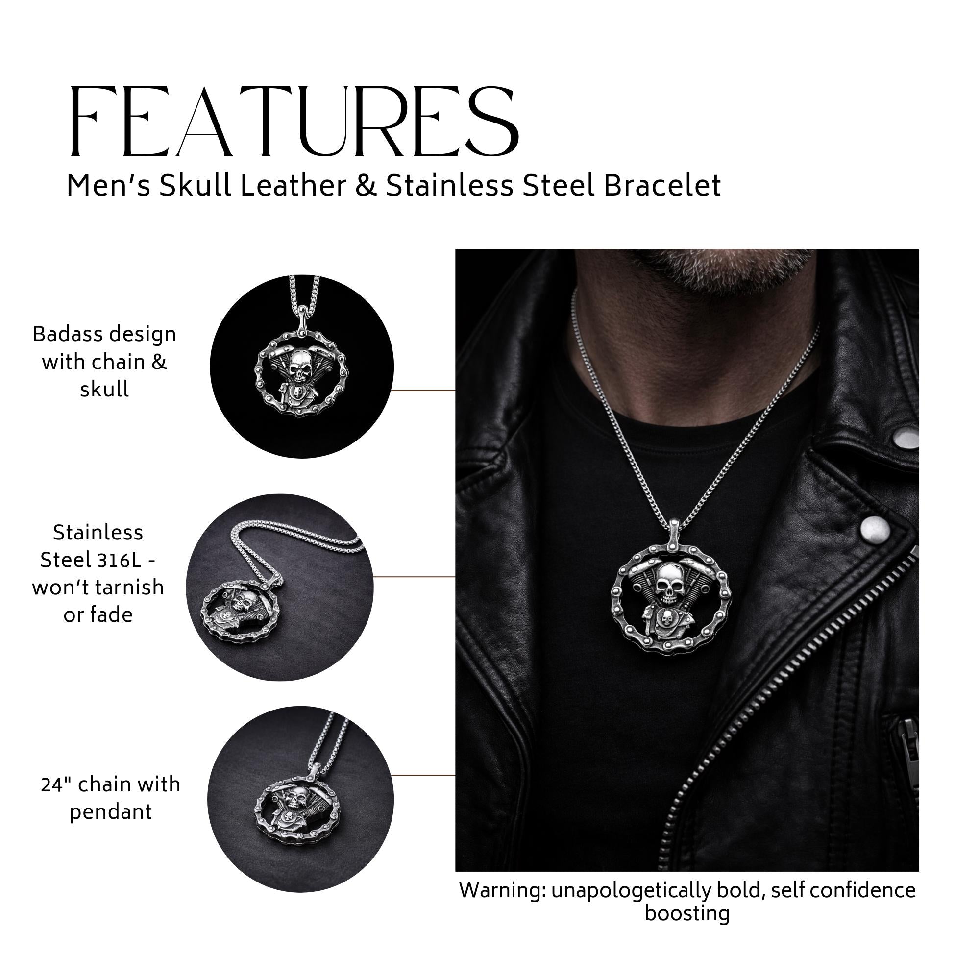 Motorcycle Skull Necklace, Biker Skull Pendant, Stainless Steel Mens Necklace, Gothic Biker Jewelry, Gift for Him, Engine Skull Pendant