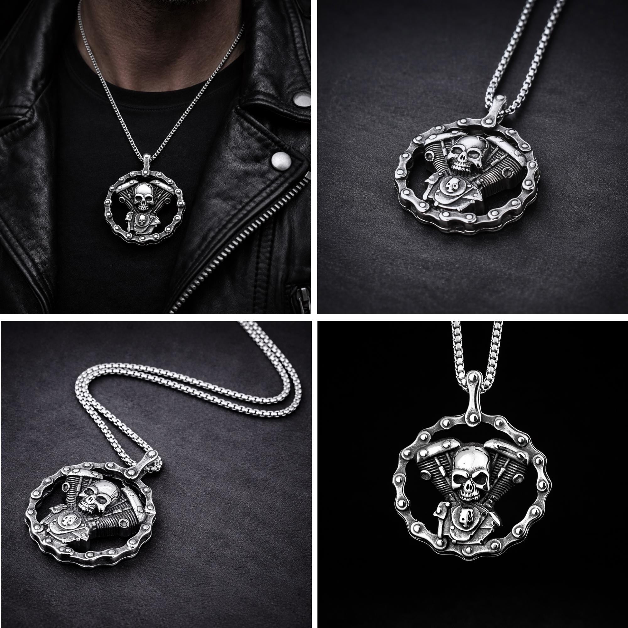 Motorcycle Skull Necklace, Biker Skull Pendant, Stainless Steel Mens Necklace, Gothic Biker Jewelry, Gift for Him, Engine Skull Pendant