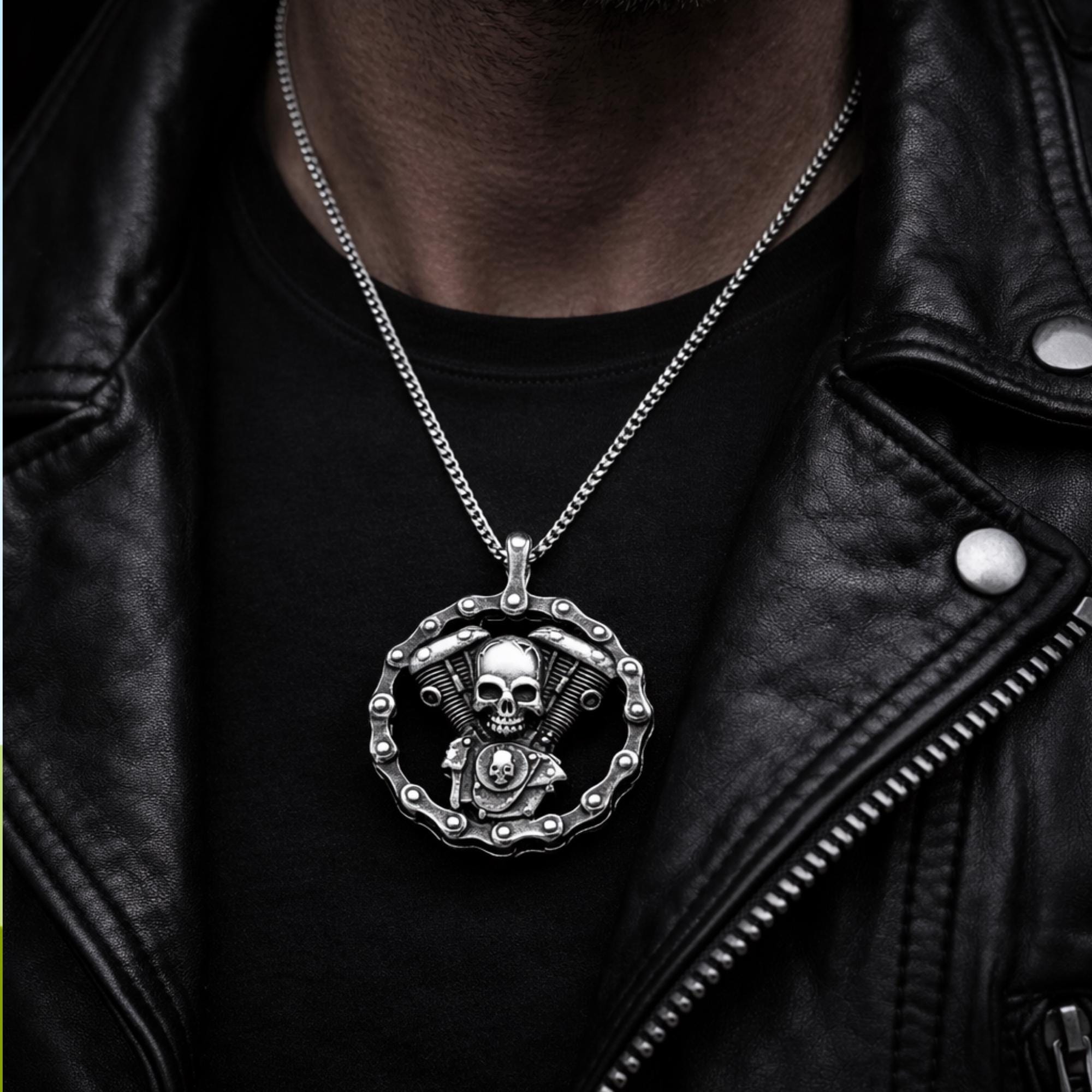 Motorcycle Skull Necklace, Biker Skull Pendant, Stainless Steel Mens Necklace, Gothic Biker Jewelry, Gift for Him, Engine Skull Pendant