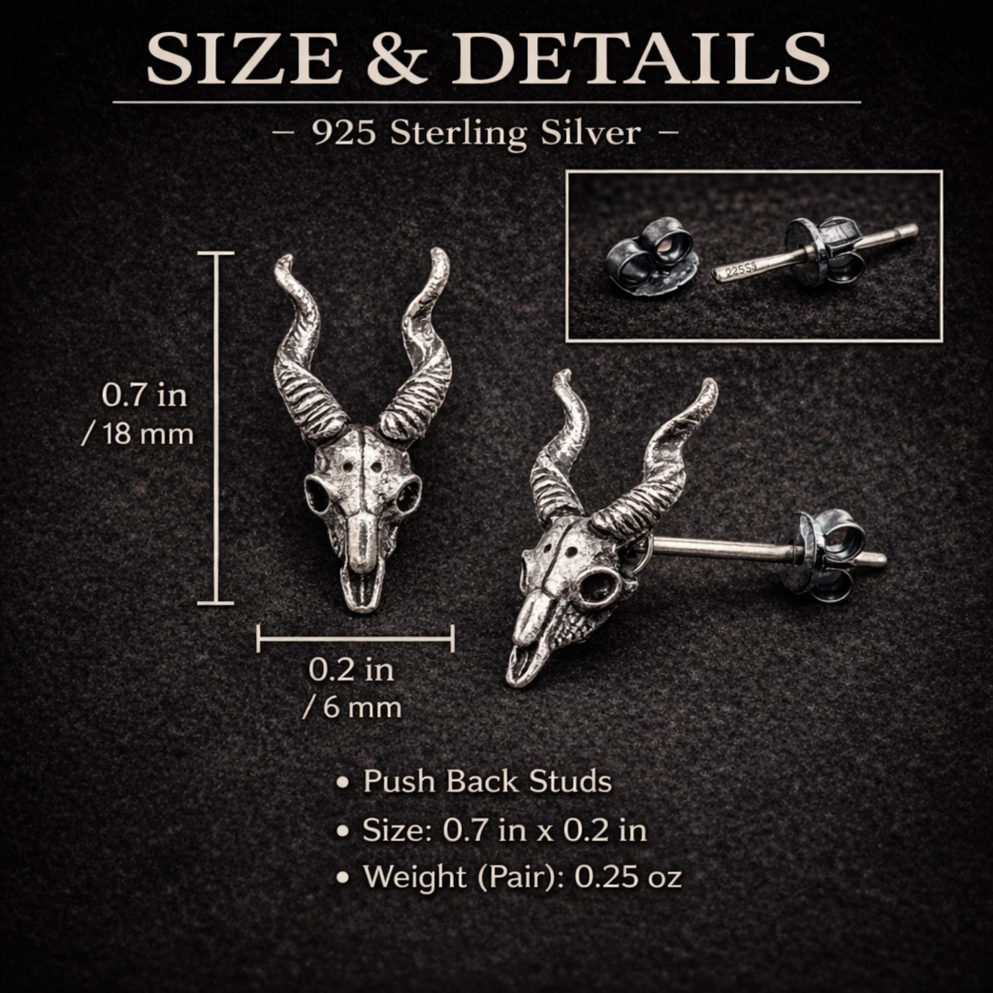 Sterling Silver Goat Skull Stud Earrings, Gothic Biker Punk Jewelry