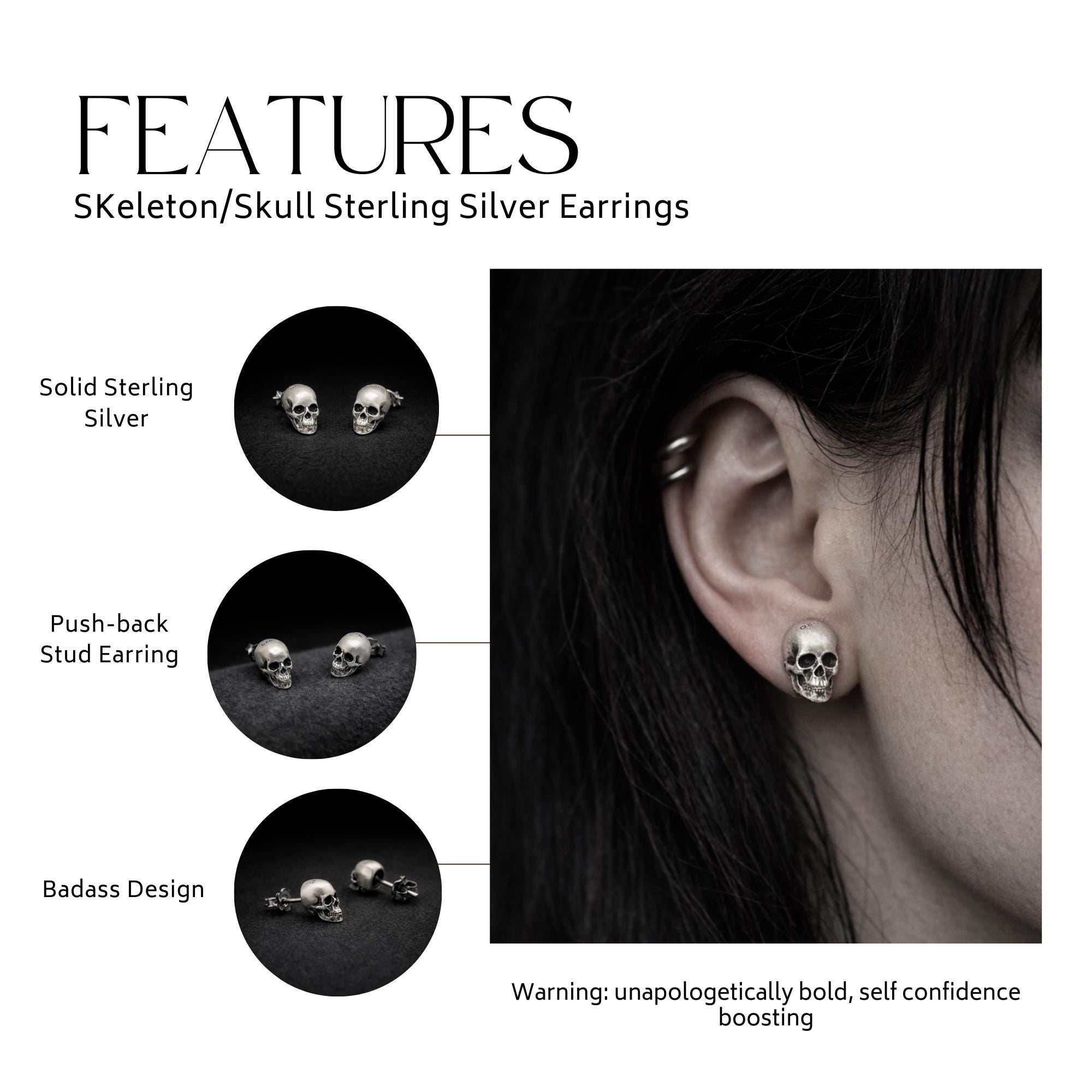 Sterling Silver Skull Stud Earrings: Gothic Biker Punk Jewelry