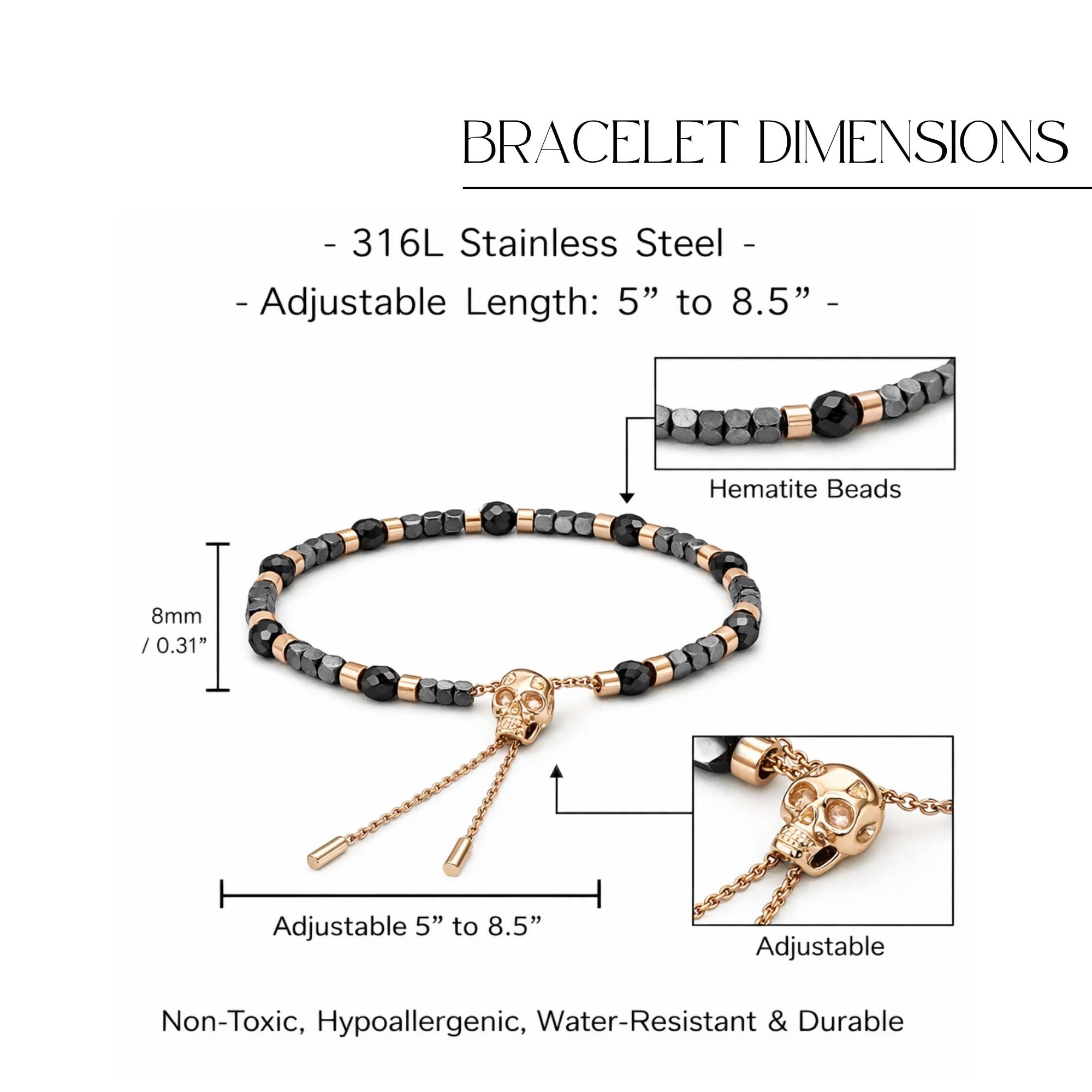 Rose Gold Skull Bracelet: Hematite Adjustable Goth Bead Jewelry