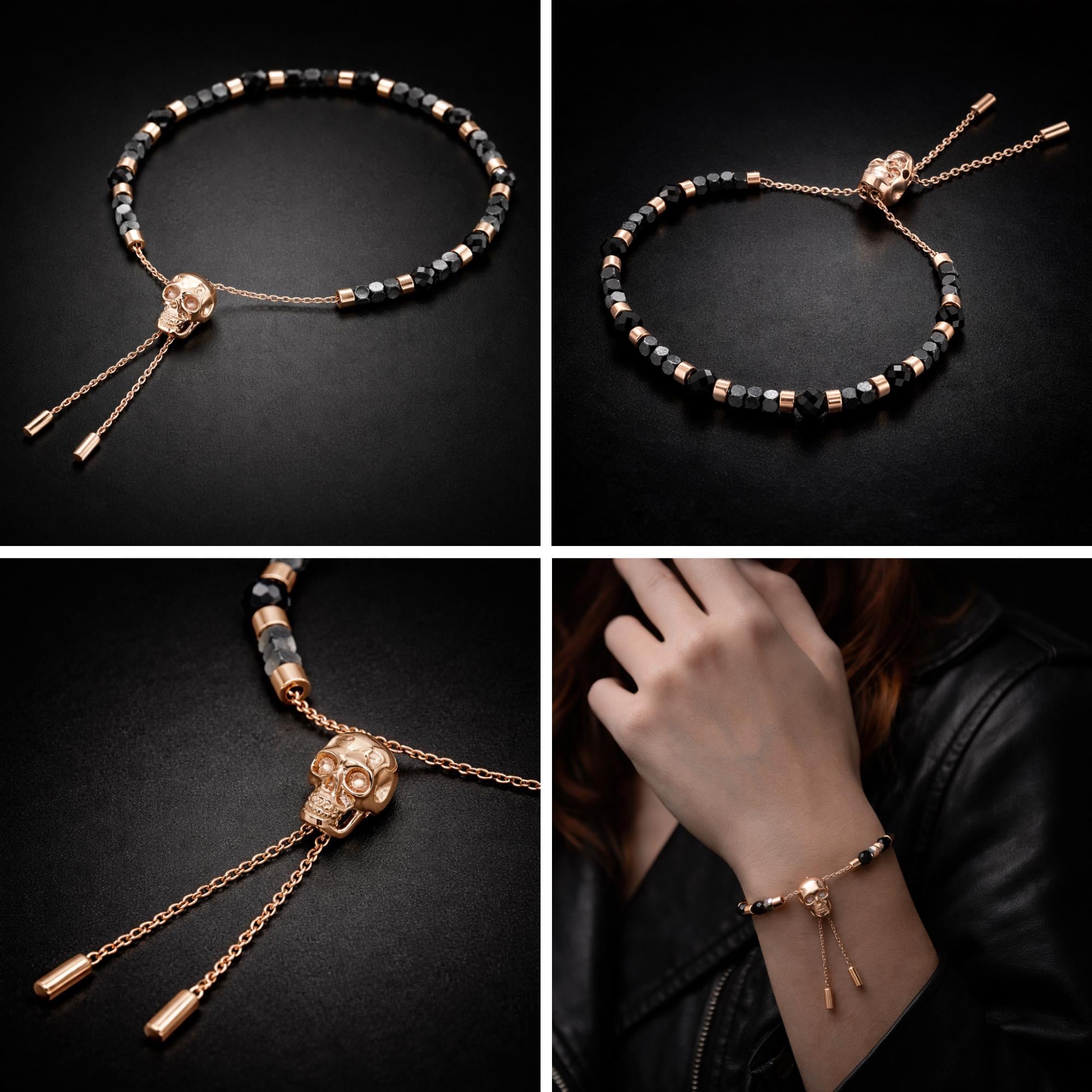 Rose Gold Skull Bracelet: Hematite Adjustable Goth Bead Jewelry