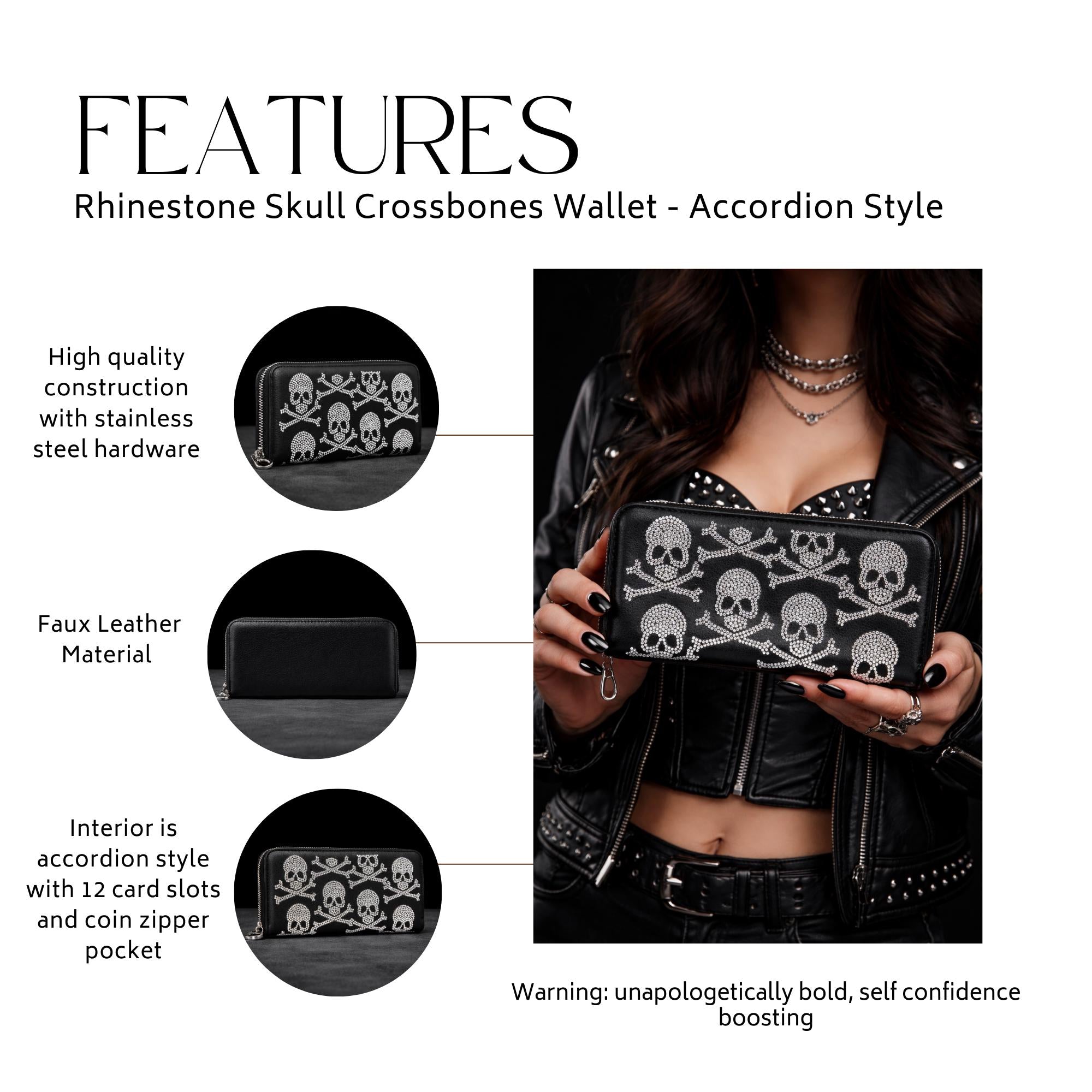 Gothic Skull Wallet: Black Faux Leather Biker Punk Style