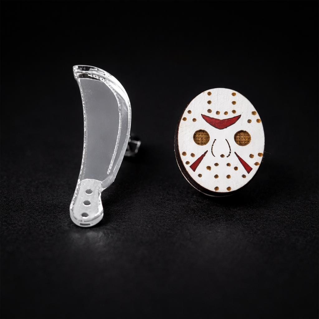 Slasher Mask Stud Earrings, Glass Horror Fan Jewelry, Mismatched Mask and Machete Studs, Stainless Steel Goth Accessory
