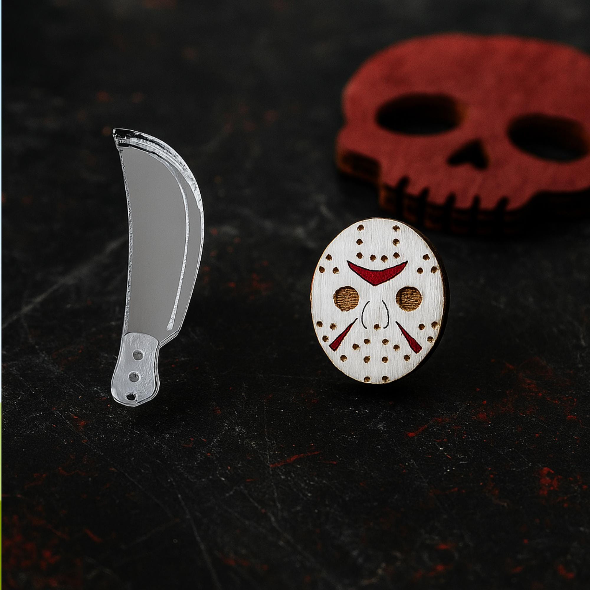 Slasher Mask Stud Earrings, Glass Horror Fan Jewelry, Mismatched Mask and Machete Studs, Stainless Steel Goth Accessory