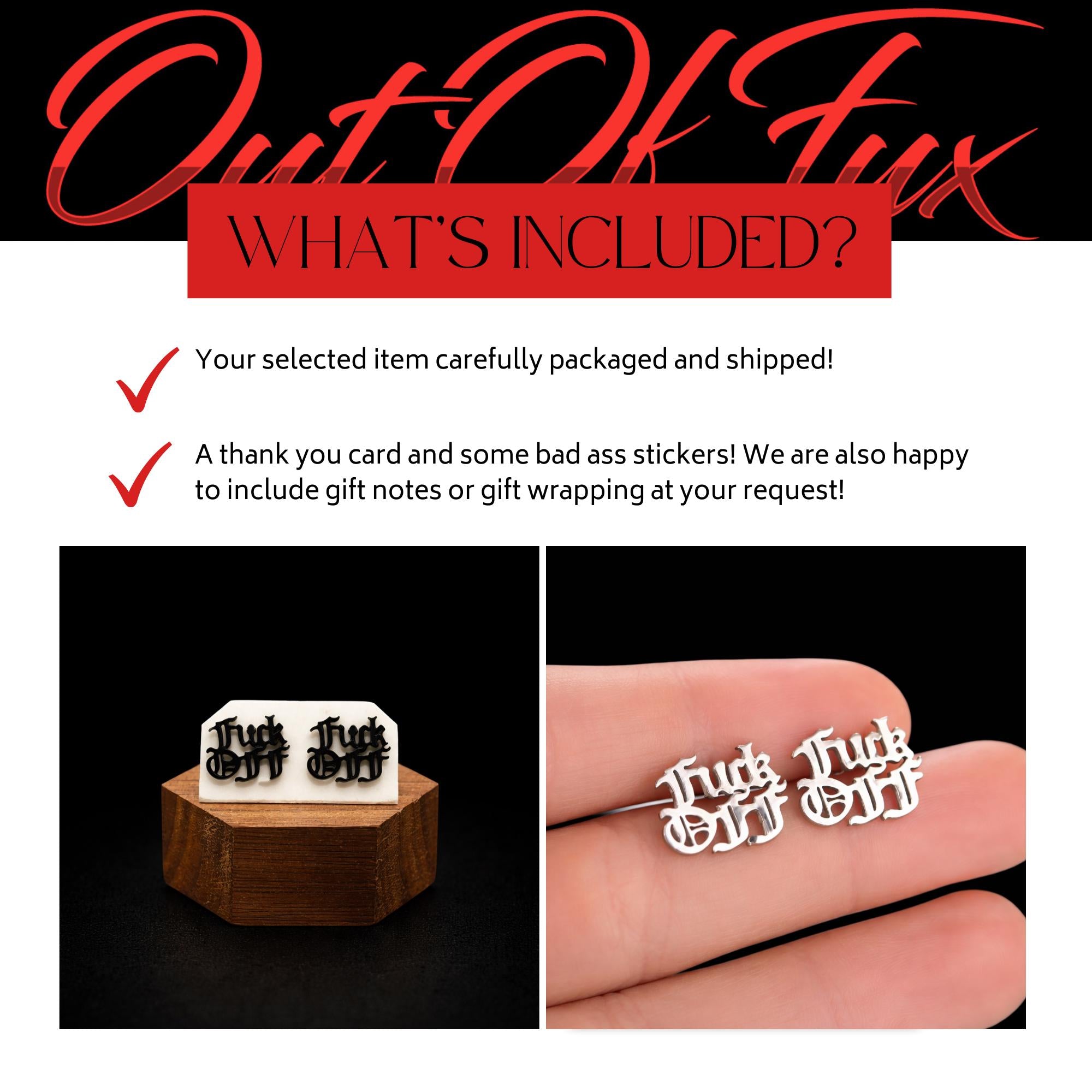 Fuck Off Earring - Old English Script Statement Jewelry - Minimalist Charm Studs - Bachelorette Gift - Multiple Colors