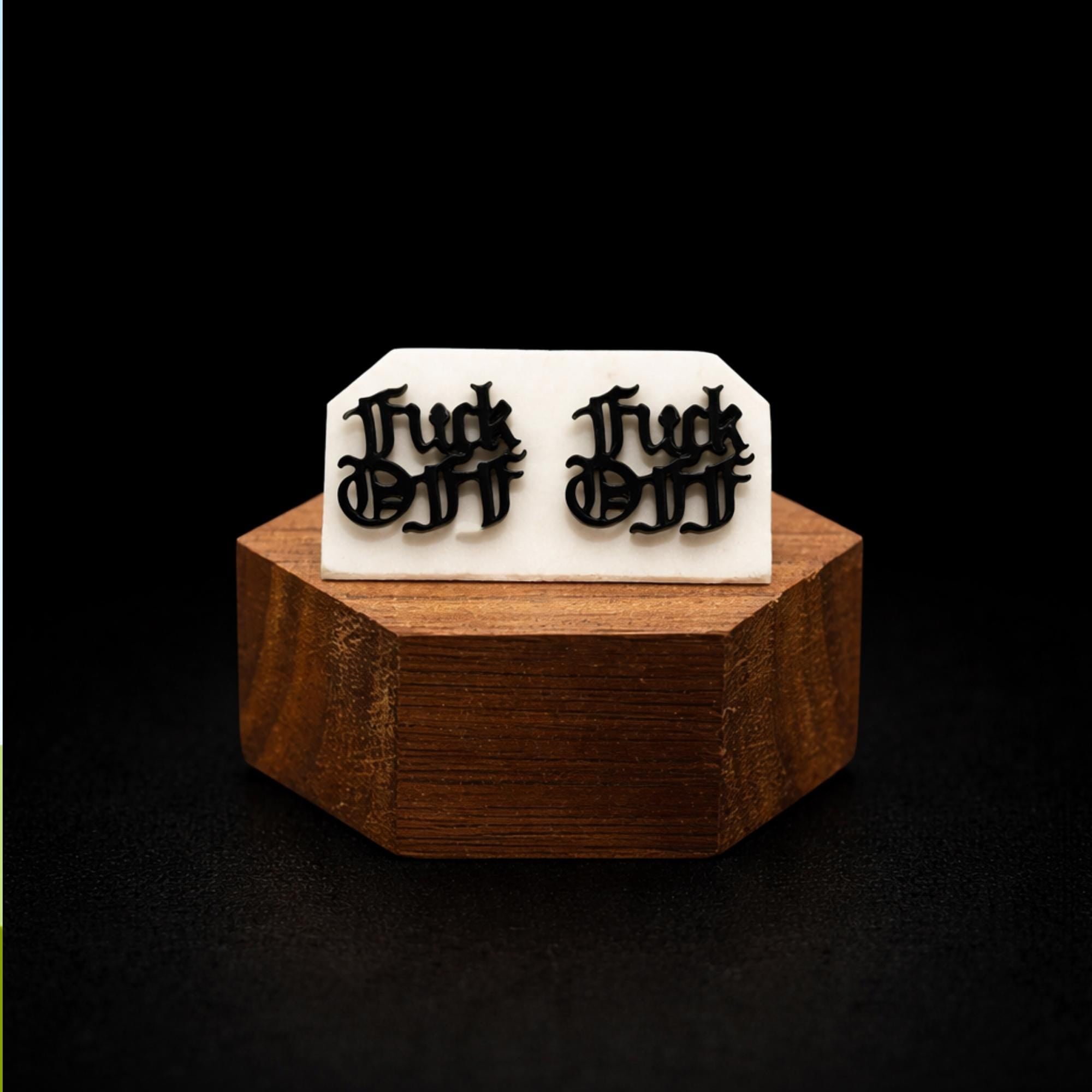 Fuck Off Earring - Old English Script Statement Jewelry - Minimalist Charm Studs - Bachelorette Gift - Multiple Colors