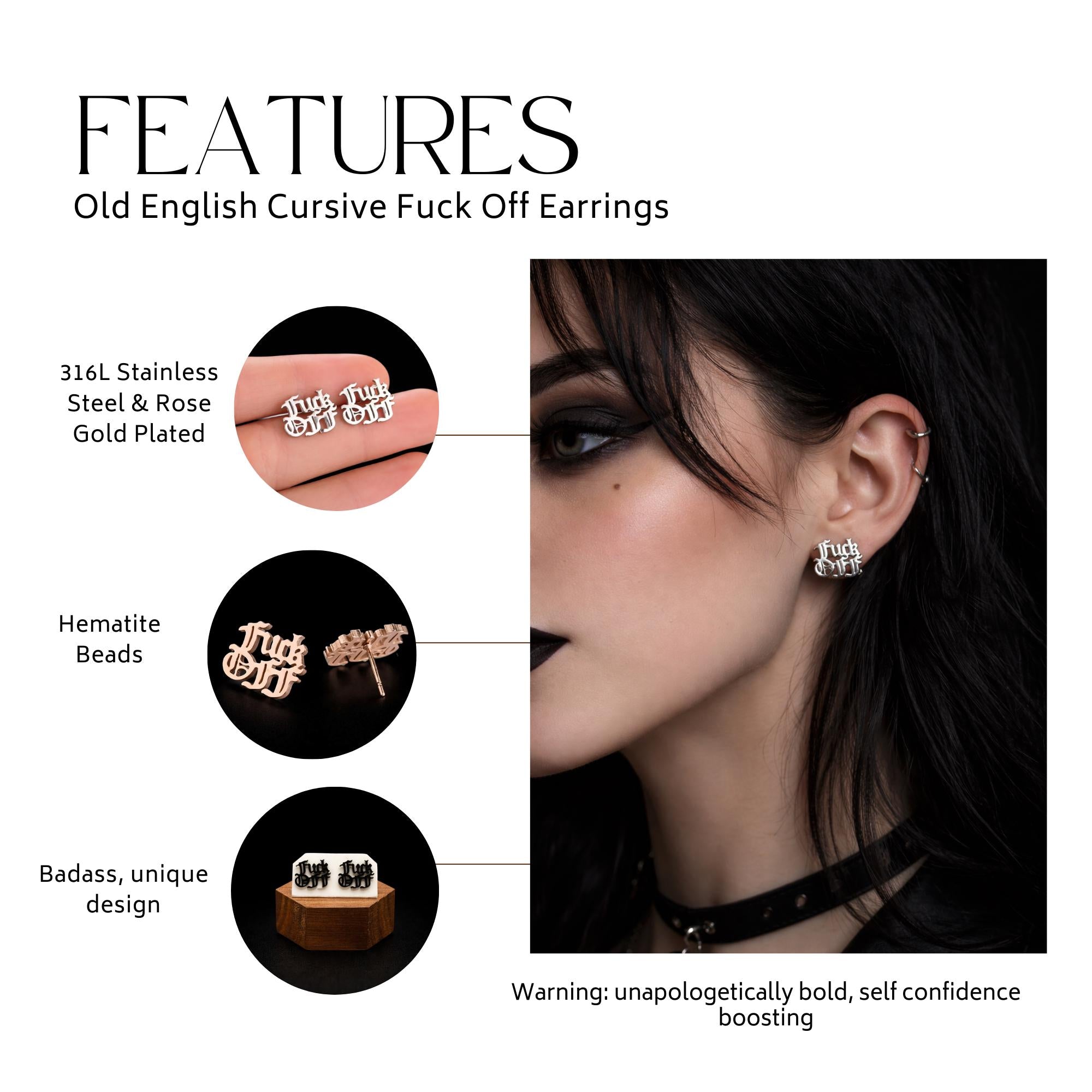 Fuck Off Earring - Old English Script Statement Jewelry - Minimalist Charm Studs - Bachelorette Gift - Multiple Colors