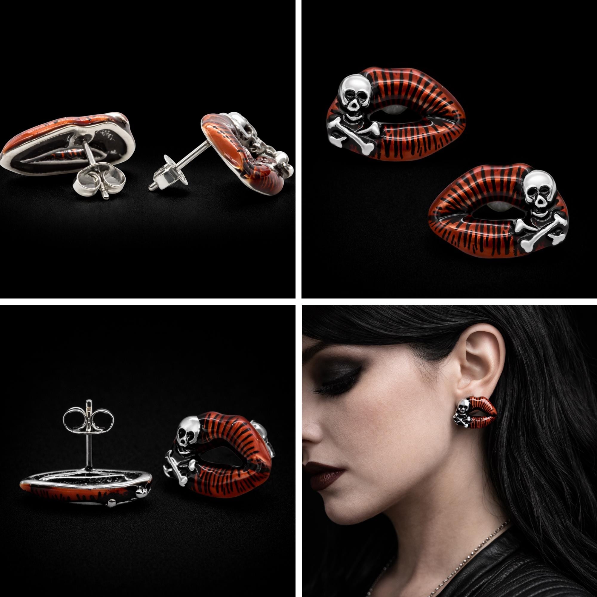 Red Skull Lip Stud Earrings: Stainless Steel Gothic Jewelry for Women