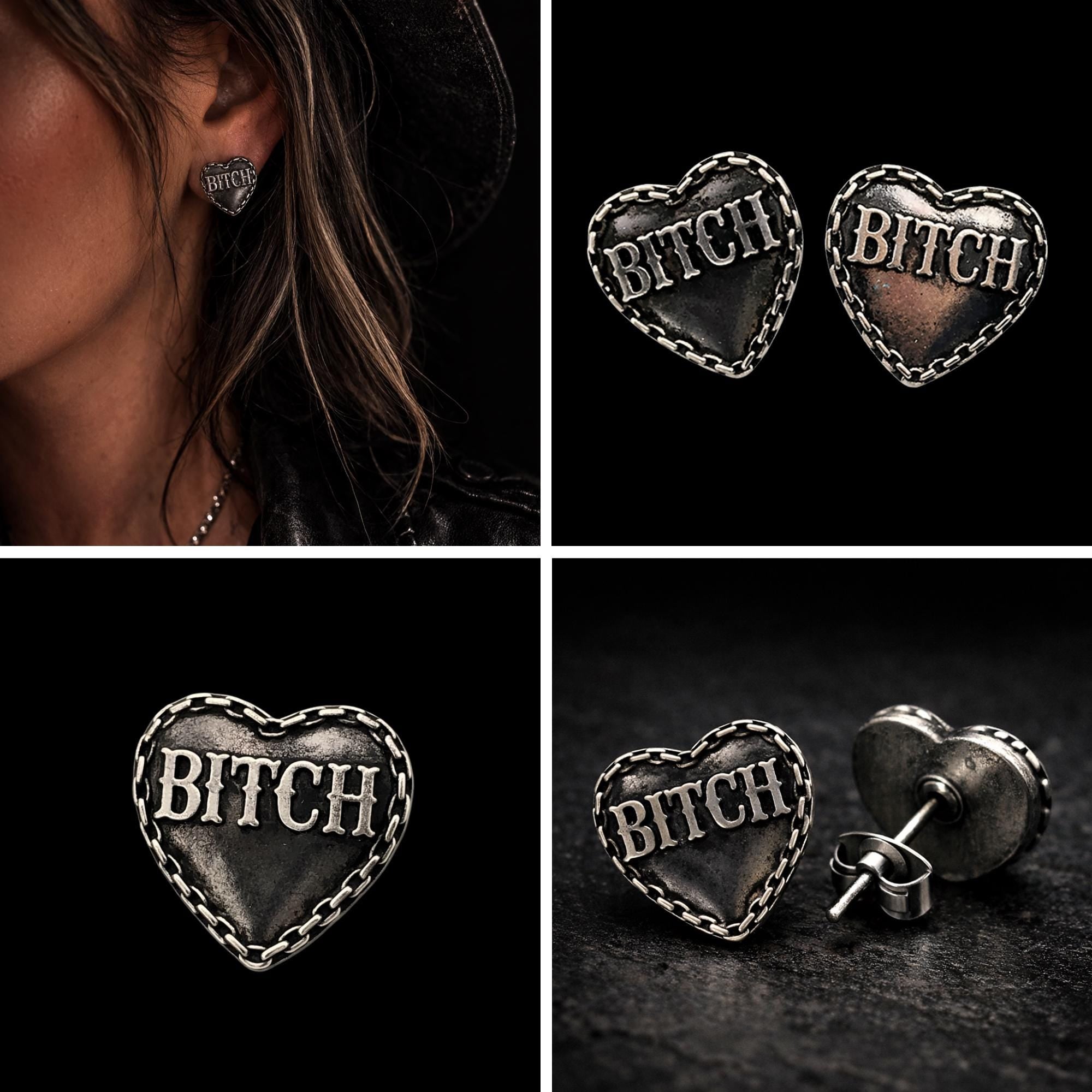Bitch Heart Stud Earrings, Stainless Steel Swear Word Earrings, Rebel Cowgirl Jewelry, Edgy Statement Studs, Funny Gift for Bold Women