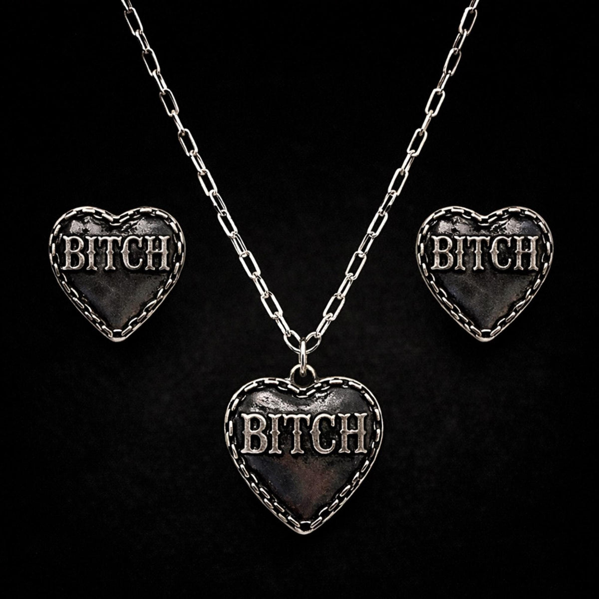Bitch Heart Jewelry Set, Stainless Steel Necklace and Earrings, Rebel Cowgirl Jewelry, Edgy Statement Set, Funny Swear Word Gift