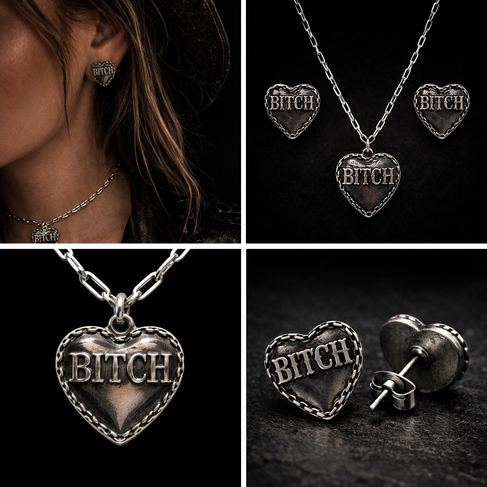 Bitch Heart Jewelry Set, Stainless Steel Necklace and Earrings, Rebel Cowgirl Jewelry, Edgy Statement Set, Funny Swear Word Gift