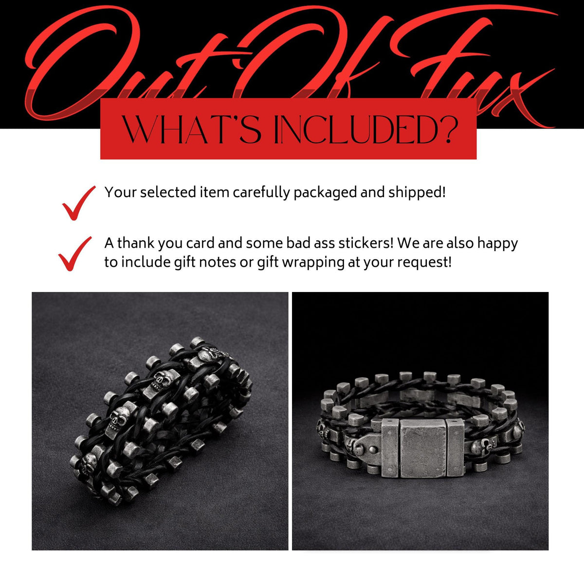 Adjustable Heavy Stainless Steel & Leather Skull Bracelet for Men