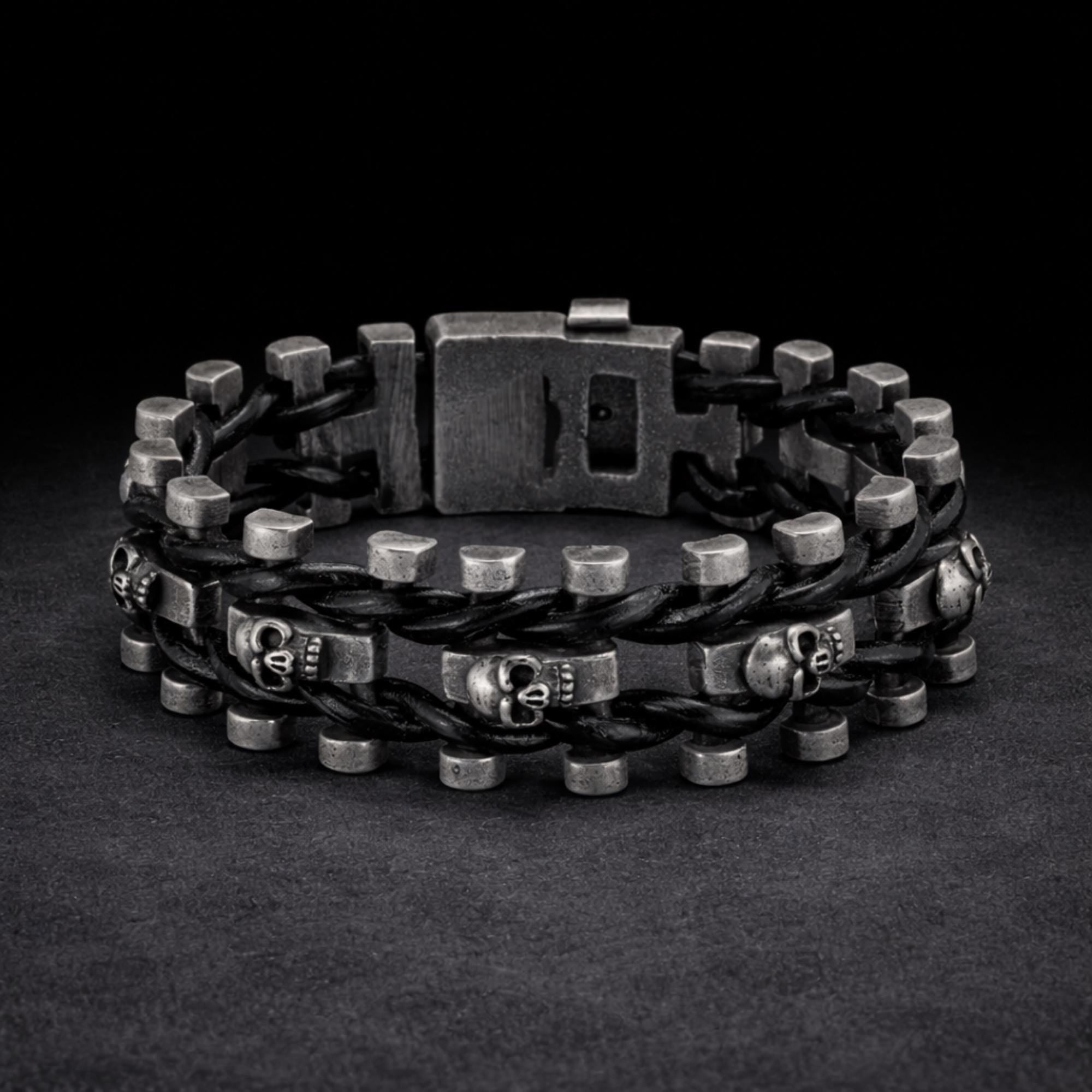 Adjustable Heavy Stainless Steel & Leather Skull Bracelet for Men