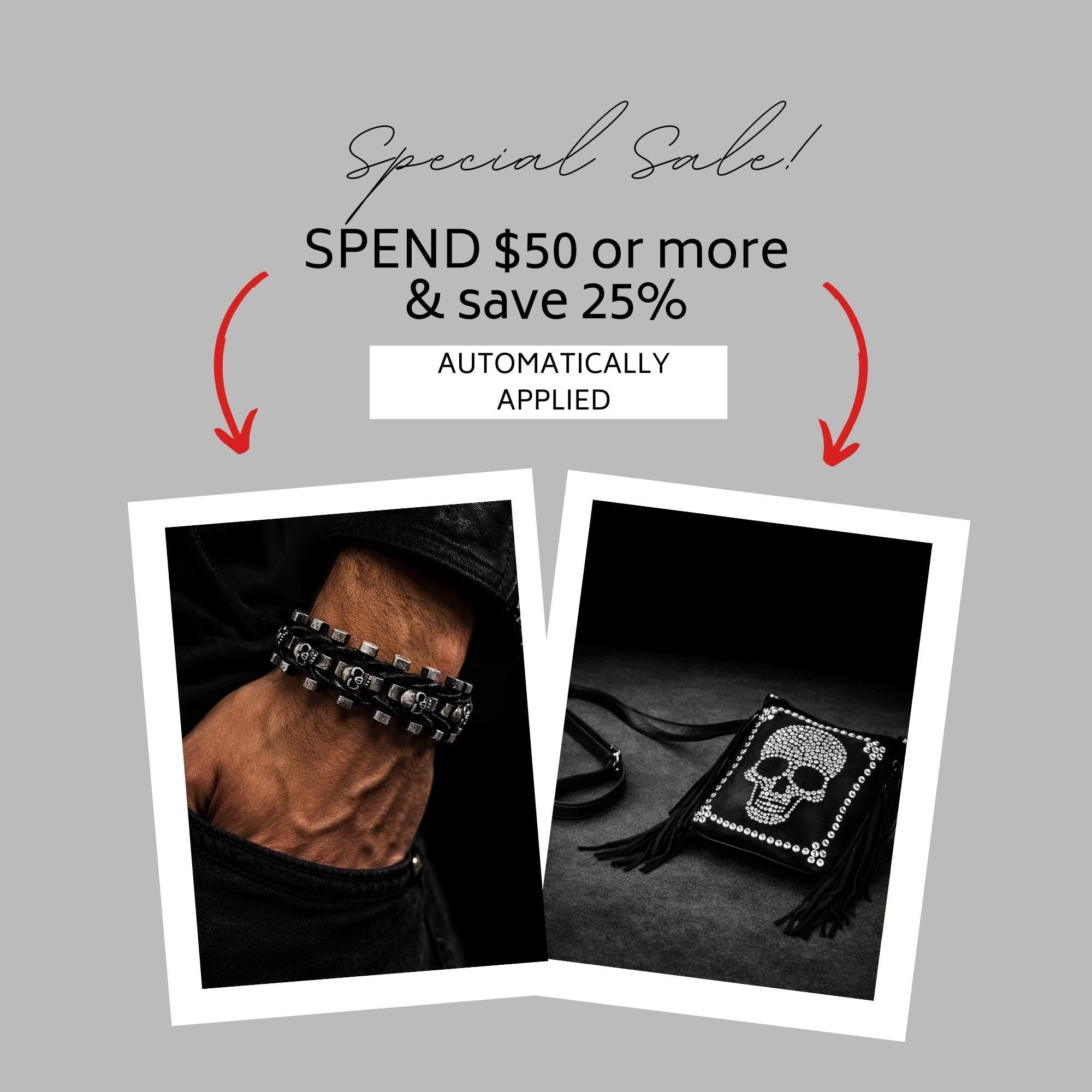 Adjustable Heavy Stainless Steel & Leather Skull Bracelet for Men