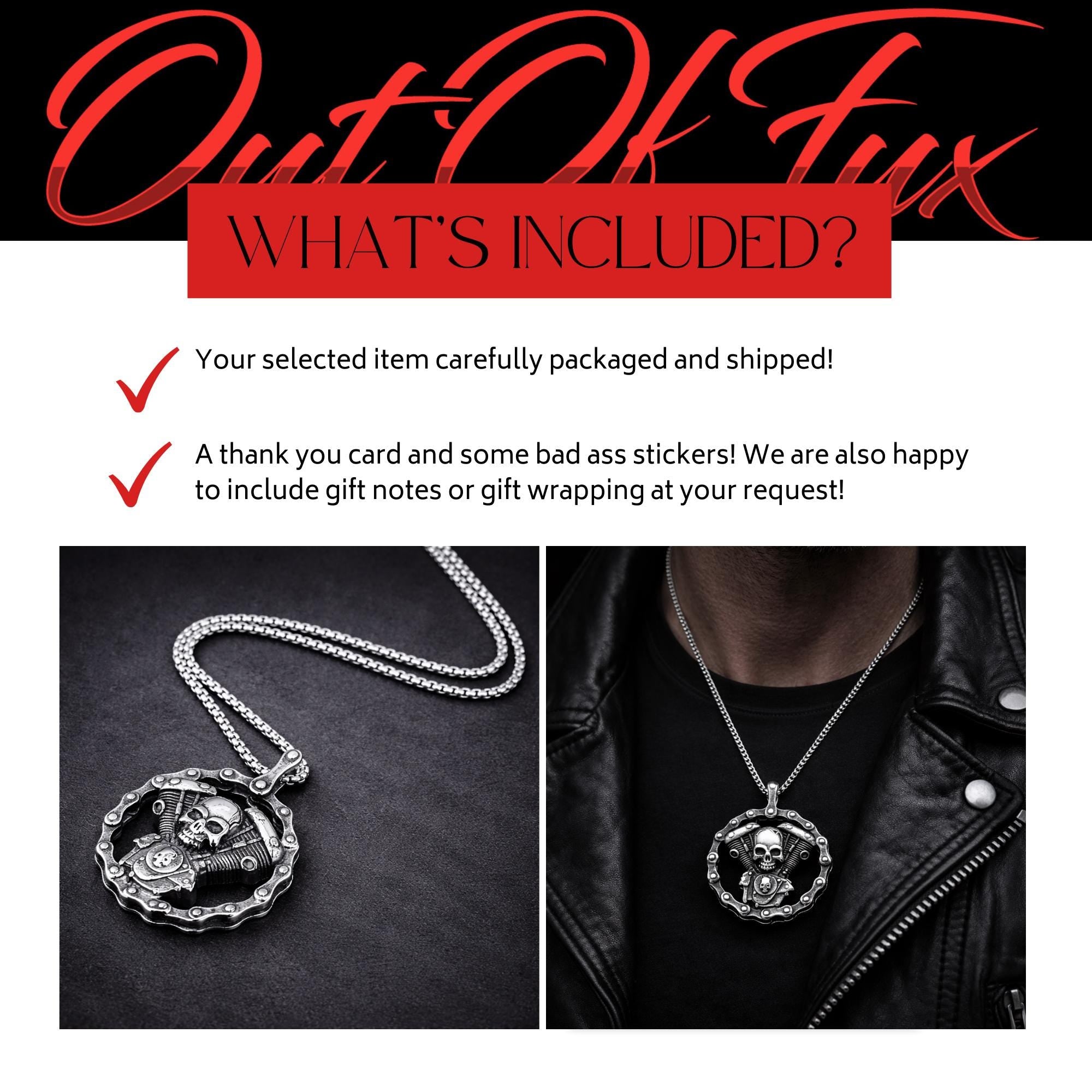 Motorcycle Skull Necklace, Biker Skull Pendant, Stainless Steel Mens Necklace, Gothic Biker Jewelry, Gift for Him, Engine Skull Pendant