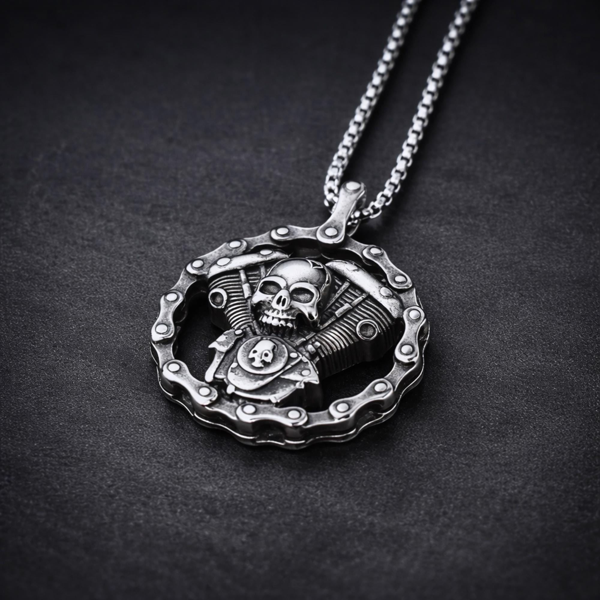 Motorcycle Skull Necklace, Biker Skull Pendant, Stainless Steel Mens Necklace, Gothic Biker Jewelry, Gift for Him, Engine Skull Pendant