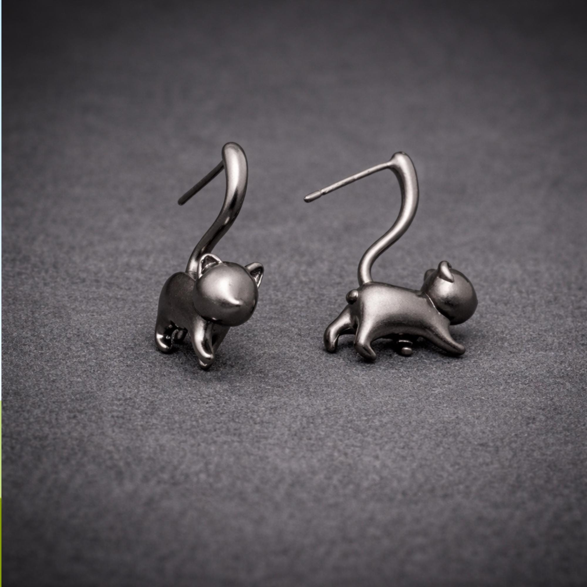 Silver Cat Stud Earrings: Wrap Tail Design in Gunmetal or Silver Finish