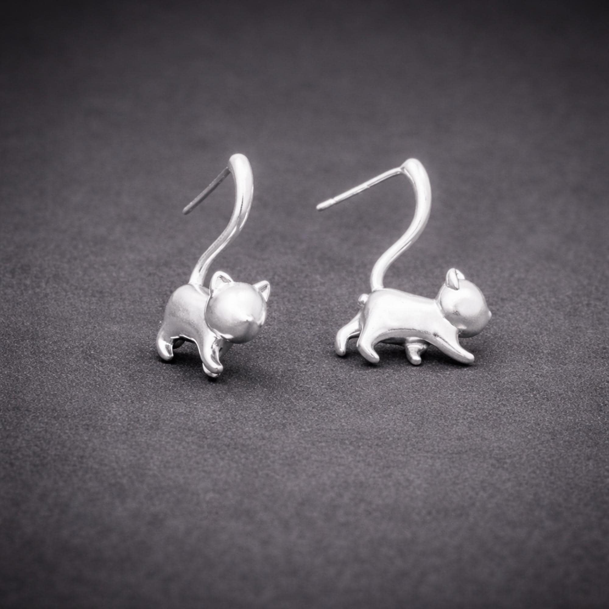 Silver Cat Stud Earrings: Wrap Tail Design in Gunmetal or Silver Finish