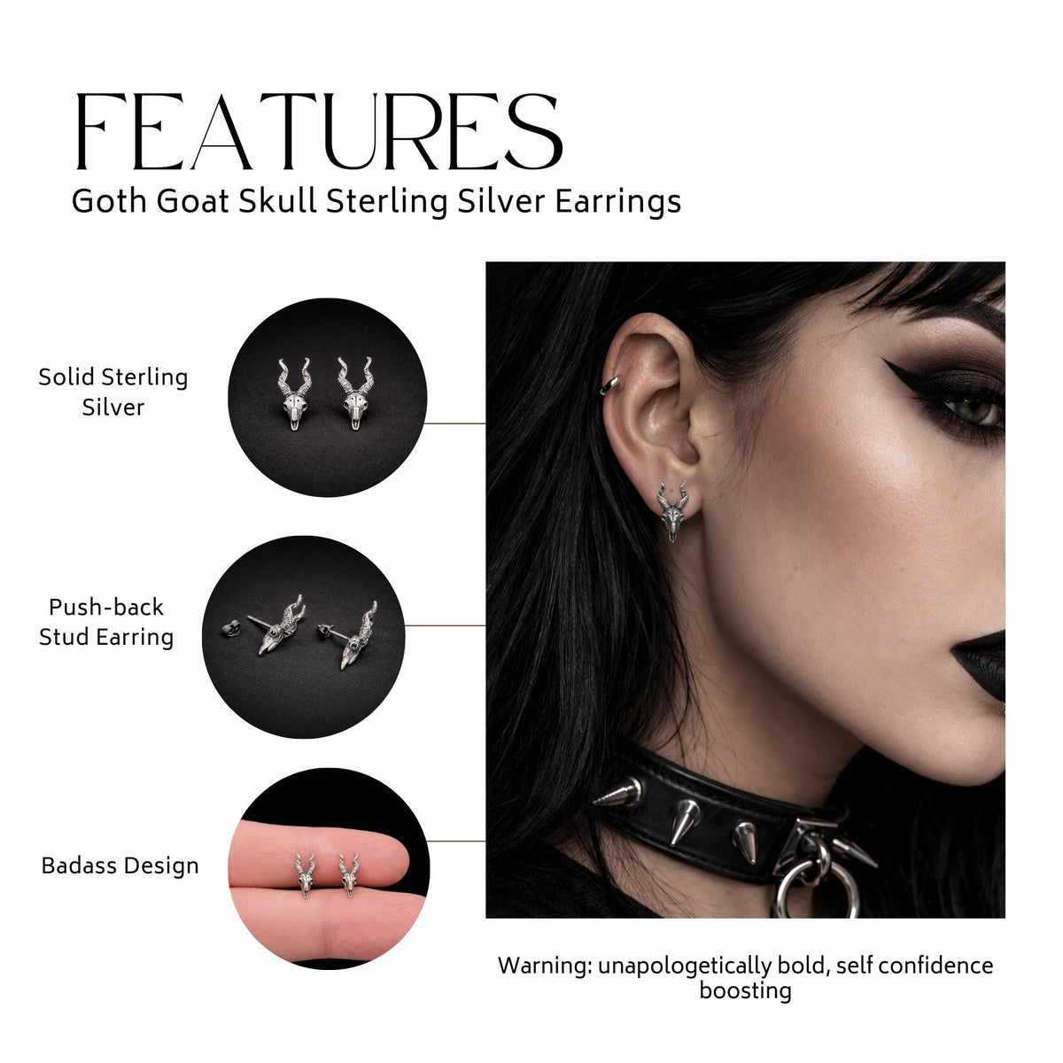 Sterling Silver Goat Skull Stud Earrings, Gothic Biker Punk Jewelry