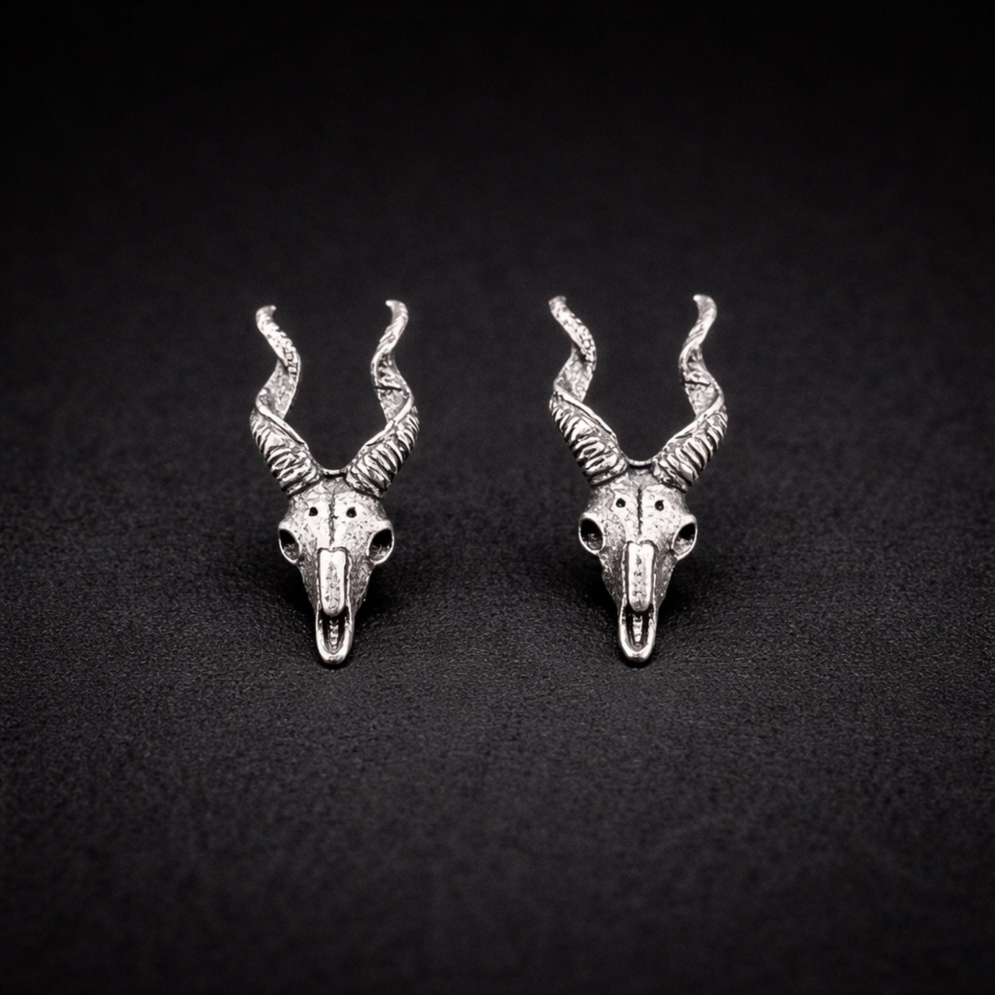 Sterling Silver Goat Skull Stud Earrings, Gothic Biker Punk Jewelry