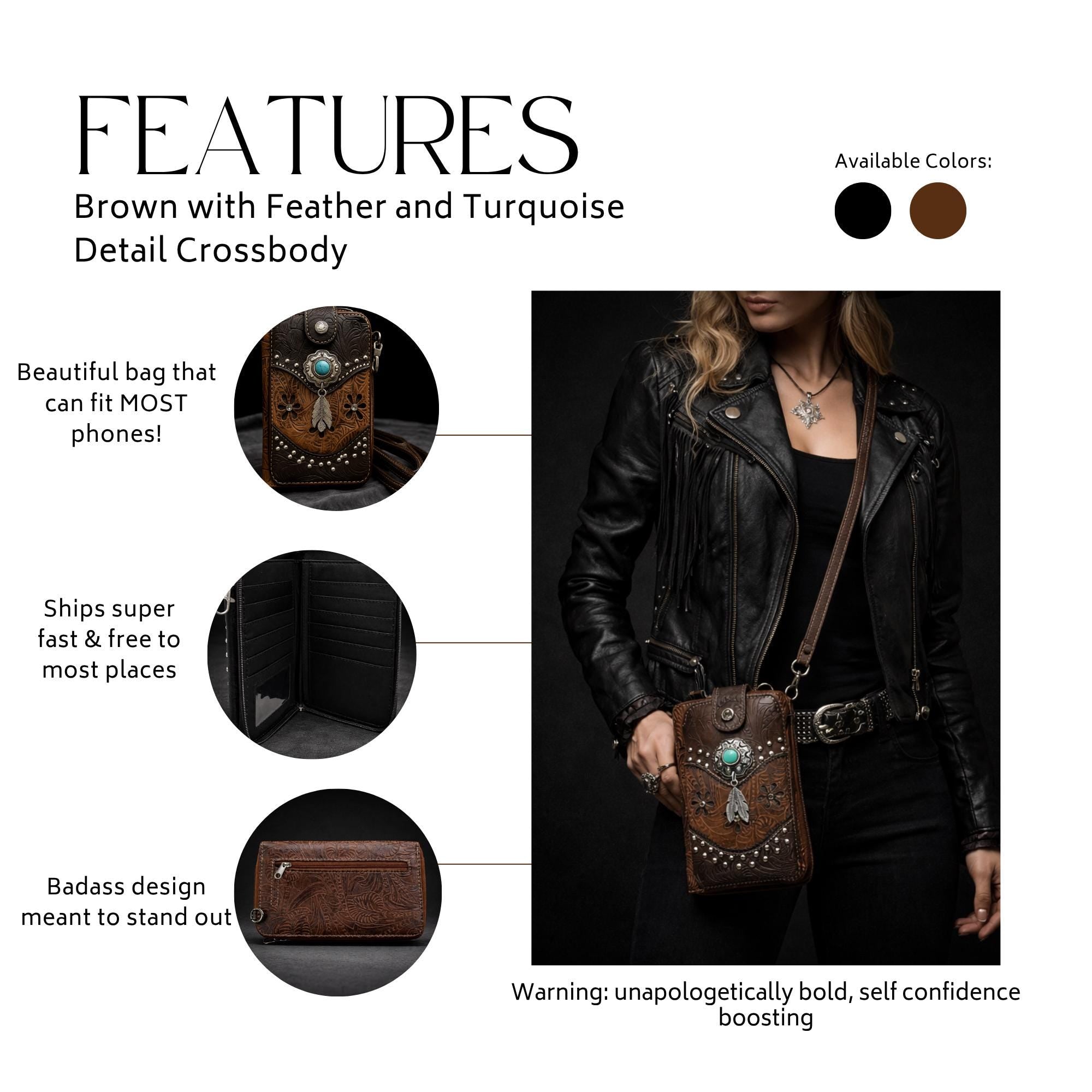 Western Tooled Leather Phone Crossbody: Cowgirl Wallet Purse with Turquoise Concho