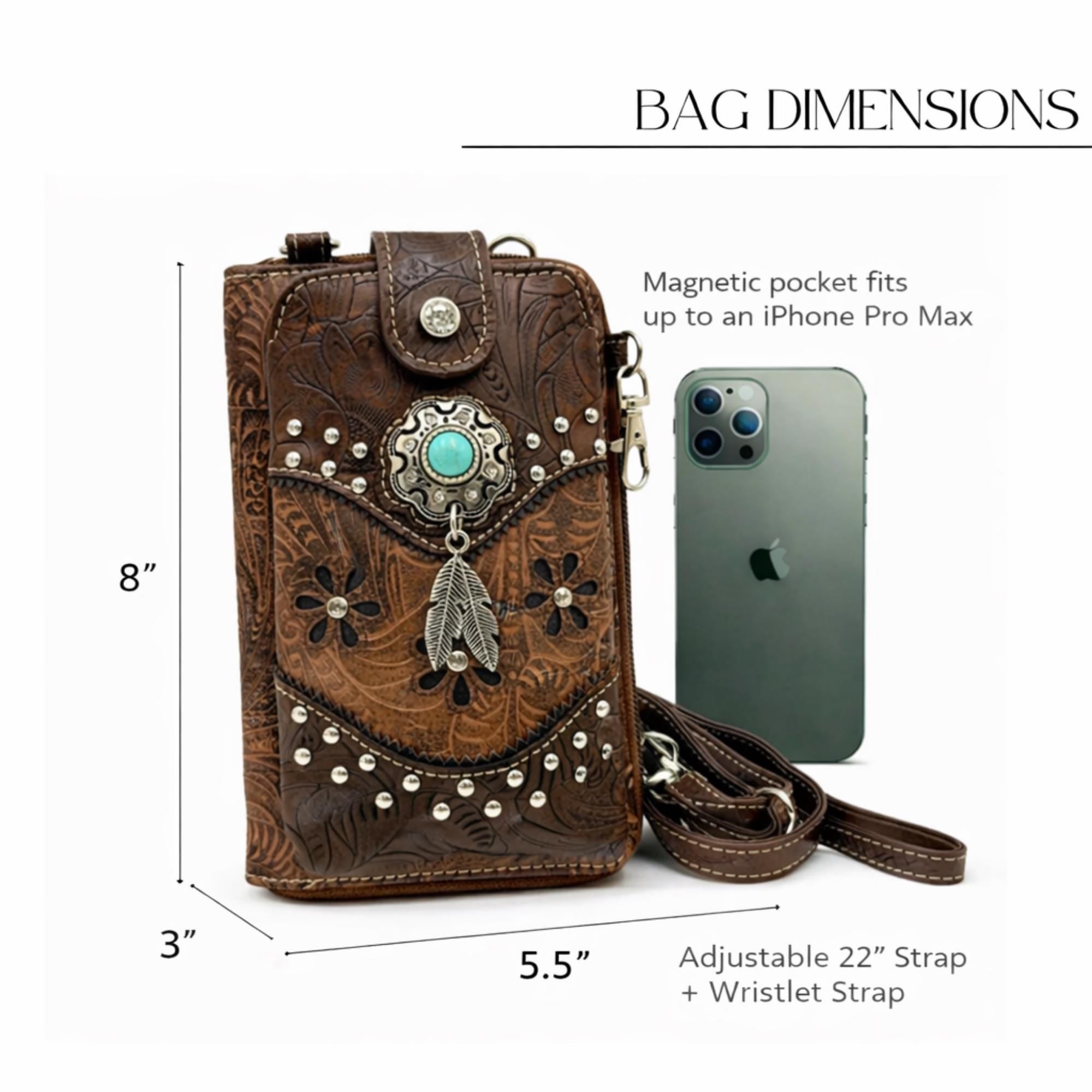 Western Tooled Leather Phone Crossbody: Cowgirl Wallet Purse with Turquoise Concho