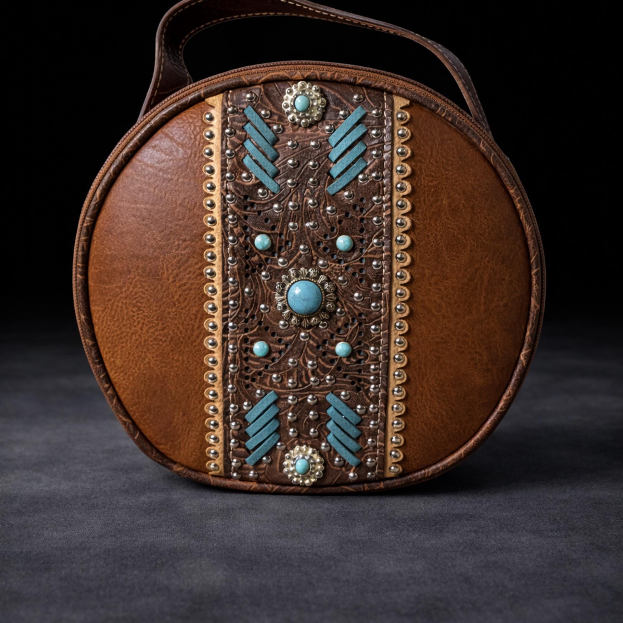 Western Canteen Crossbody Bag with Turquoise Studs, Round Tooled Faux Leather Cowgirl Purse