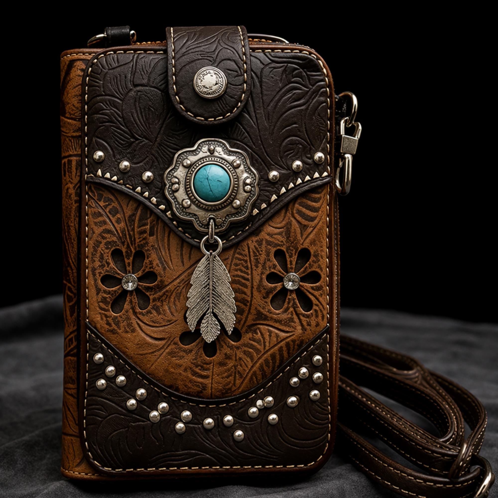 Western Tooled Leather Phone Crossbody: Cowgirl Wallet Purse with Turquoise Concho