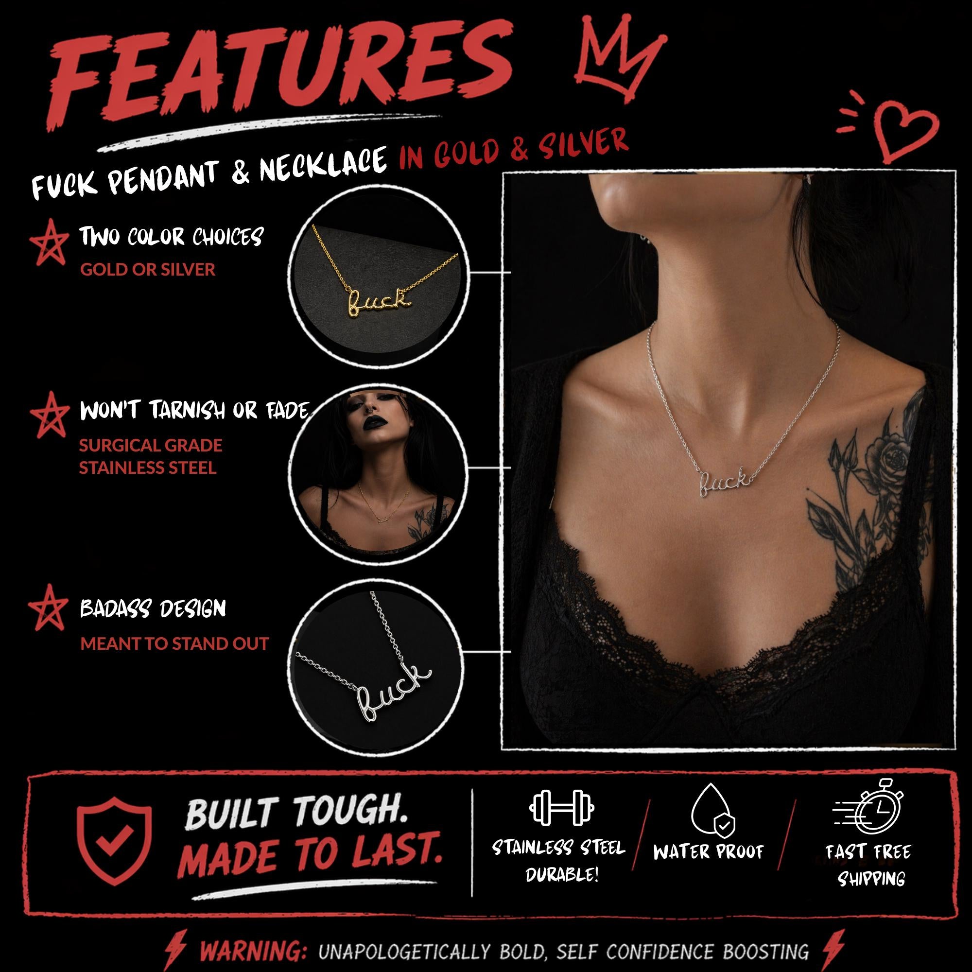 Custom Pave Fuck Necklace, 18K Gold Plated and Silver Pendant Chain, Bold Statement Jewelry