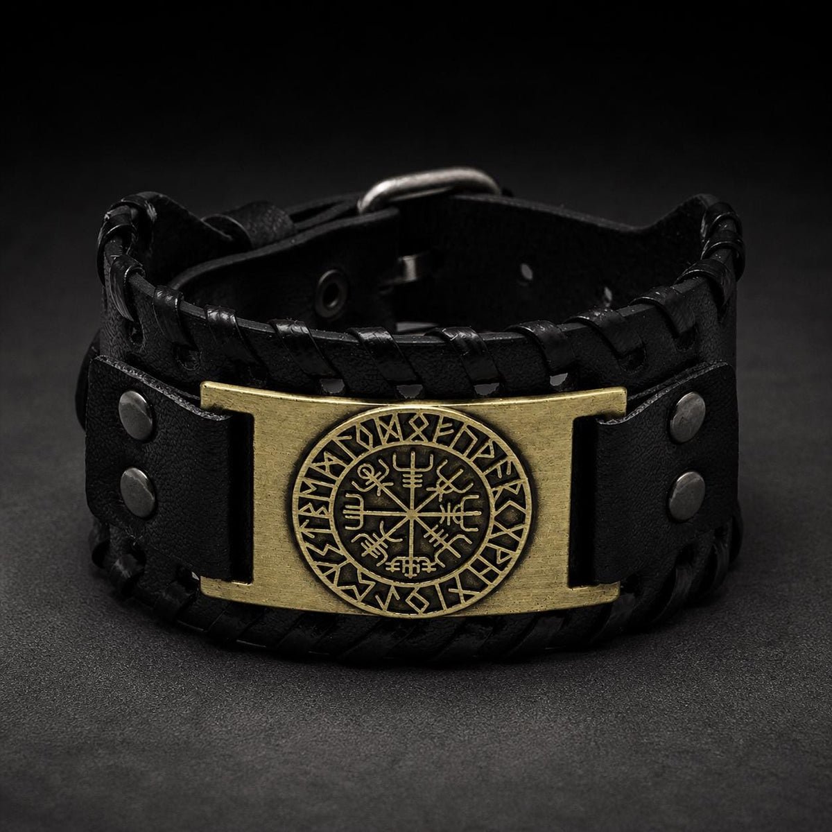 Men’s Viking Leather Cuff Bracelet with Norse Compass, Medieval Warrior Wristband