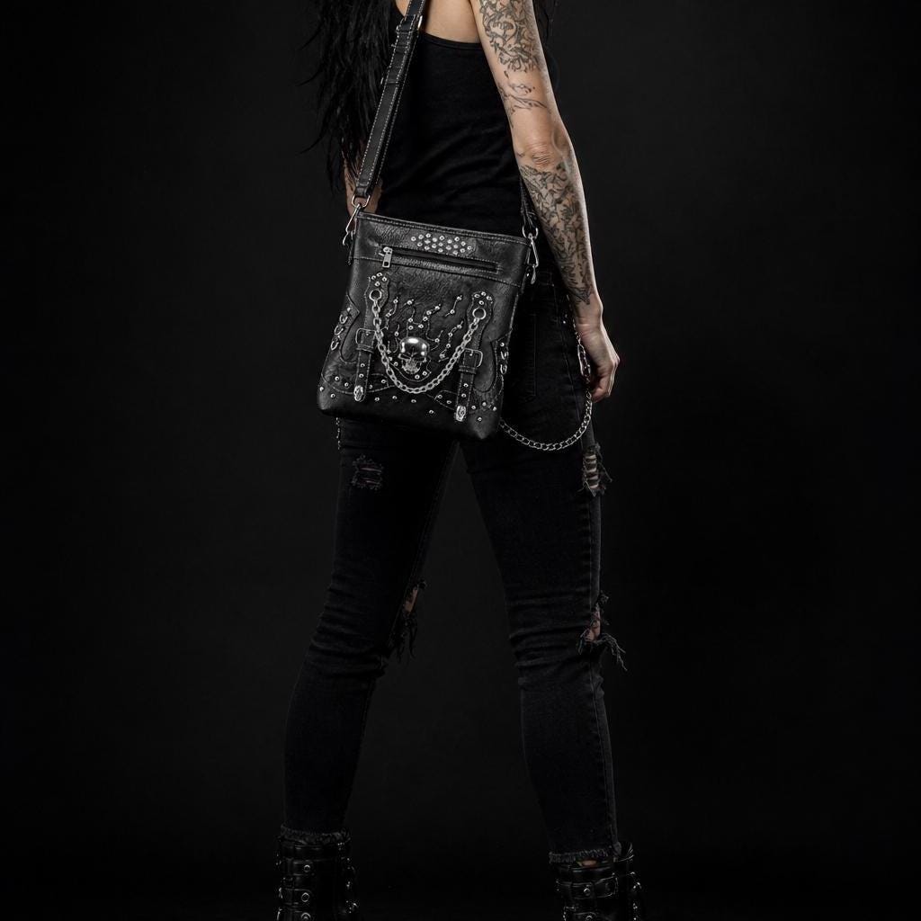Studded Skull Crossbody Bag: Faux Leather Goth Biker Purse with Adjustable Shoulder Strap