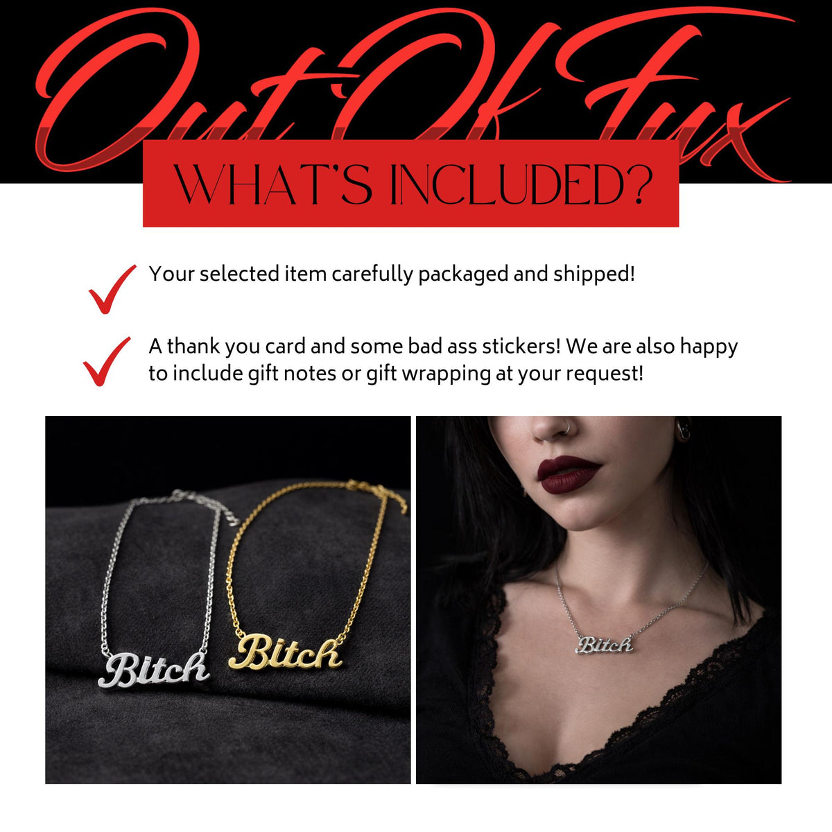 Gold Bitch Necklace, Stainless Steel Curse Word Pendant, Bold Edgy Statement Jewelry