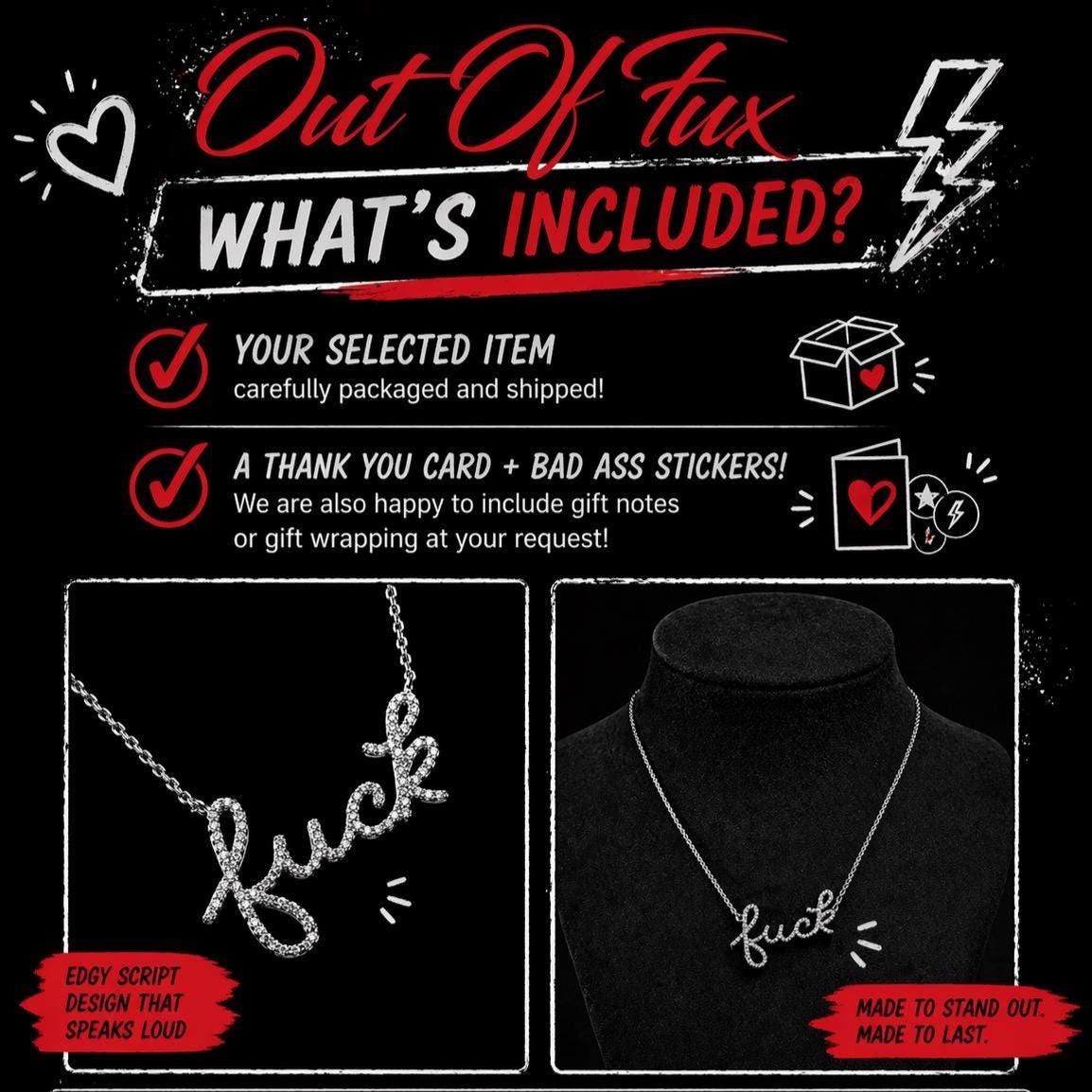 Custom Pave Fuck Necklace, 18K Gold Plated and Silver Pendant Chain, Bold Statement Jewelry