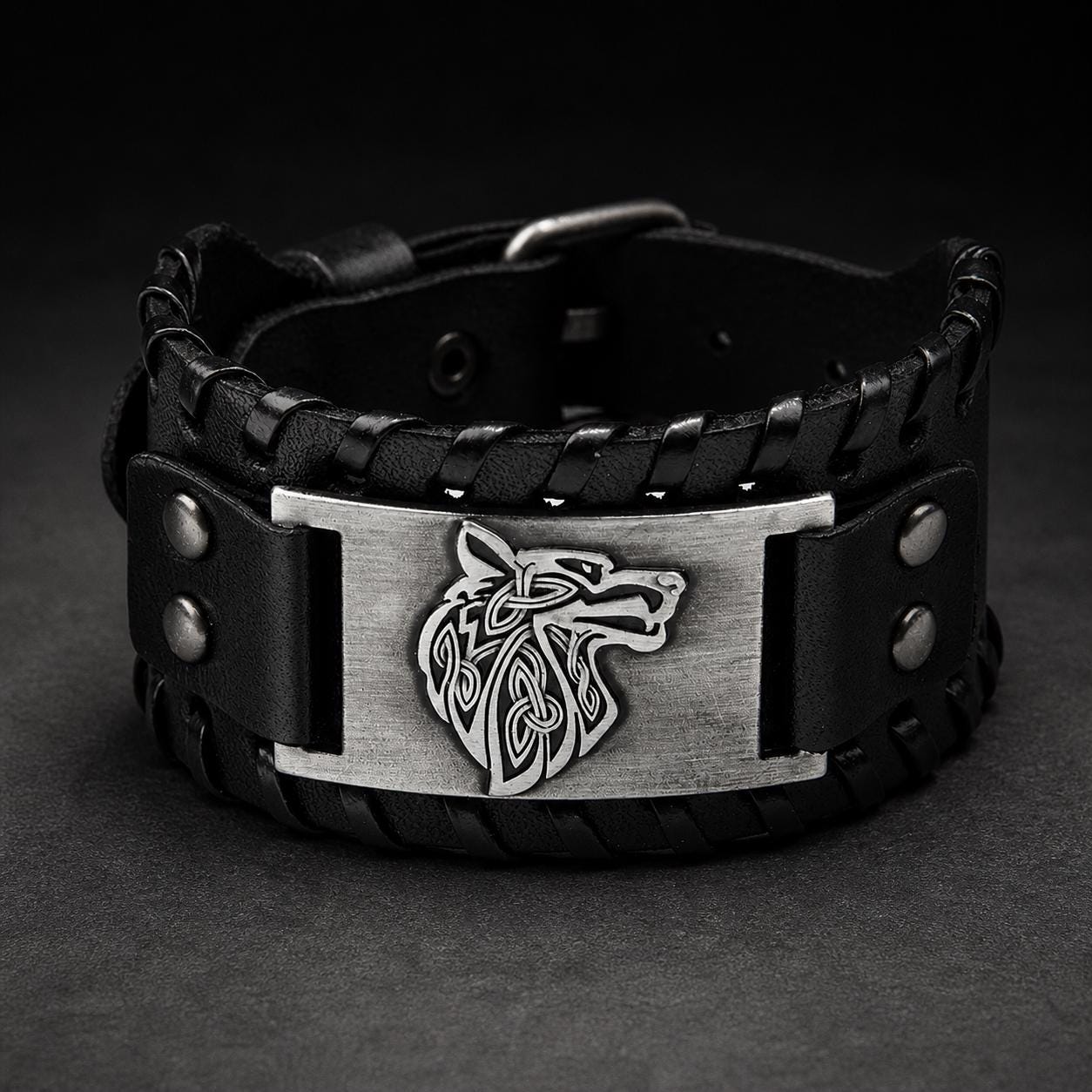 Men’s Viking Leather Cuff Bracelet with Norse Compass, Medieval Warrior Wristband