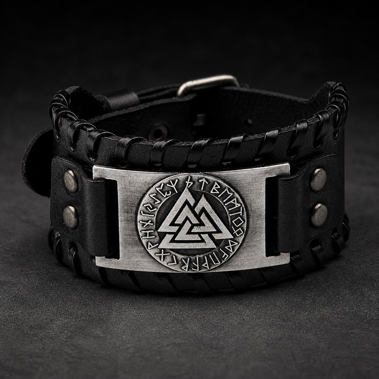 Men’s Viking Leather Cuff Bracelet with Norse Compass, Medieval Warrior Wristband