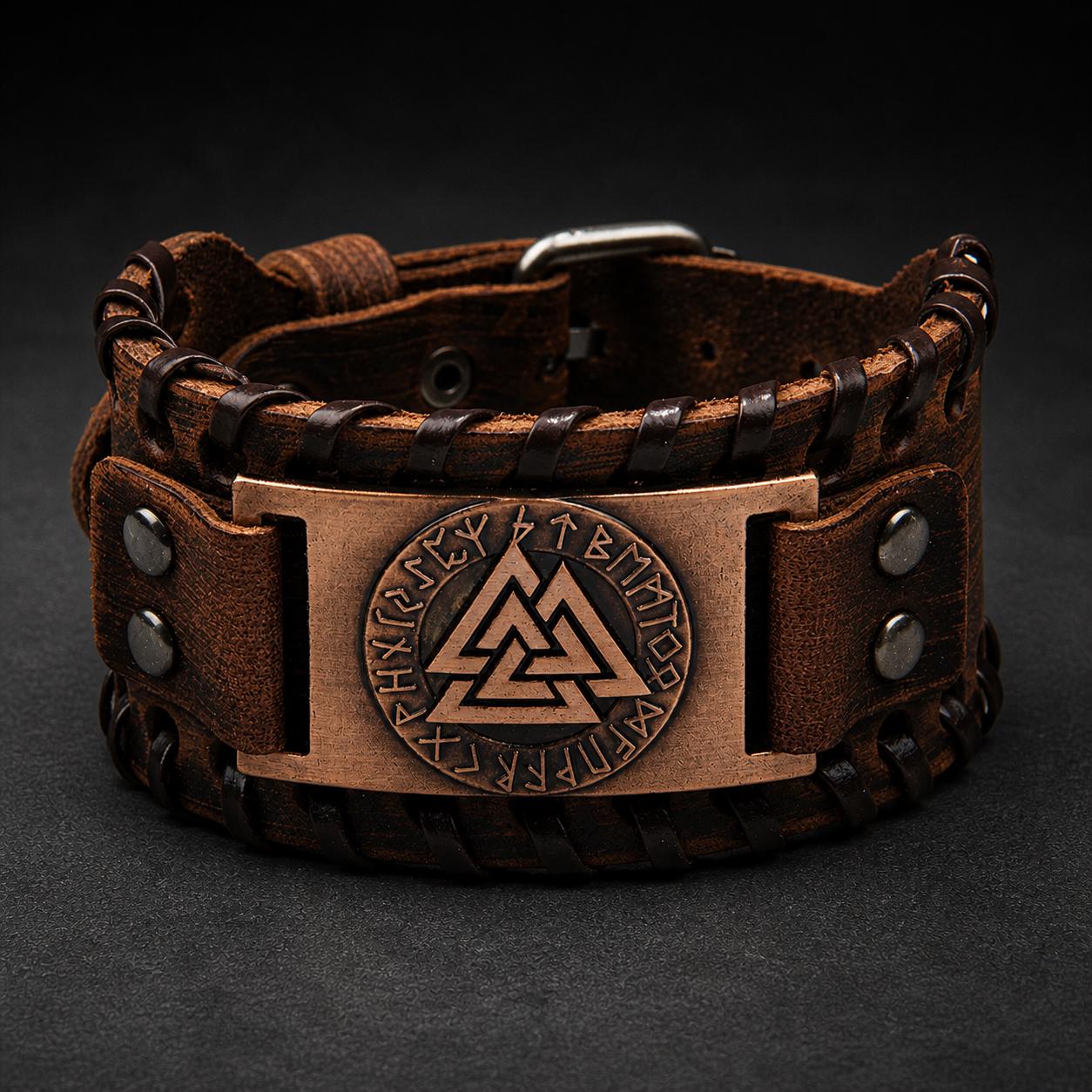 Men’s Viking Leather Cuff Bracelet with Norse Compass, Medieval Warrior Wristband