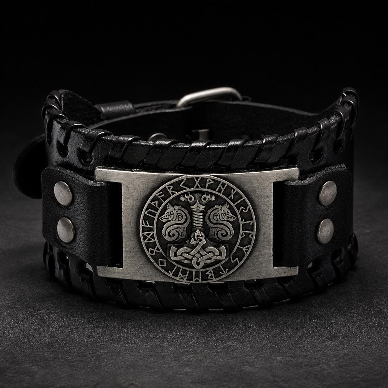 Men’s Viking Leather Cuff Bracelet with Norse Compass, Medieval Warrior Wristband