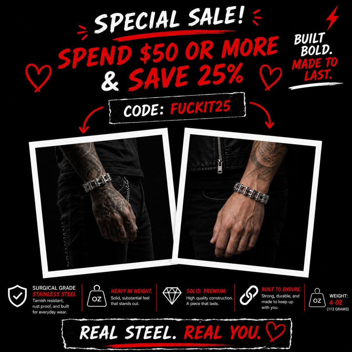Heavy Stainless Steel Biker Bracelet for Men: Chunky Polished Chain Design