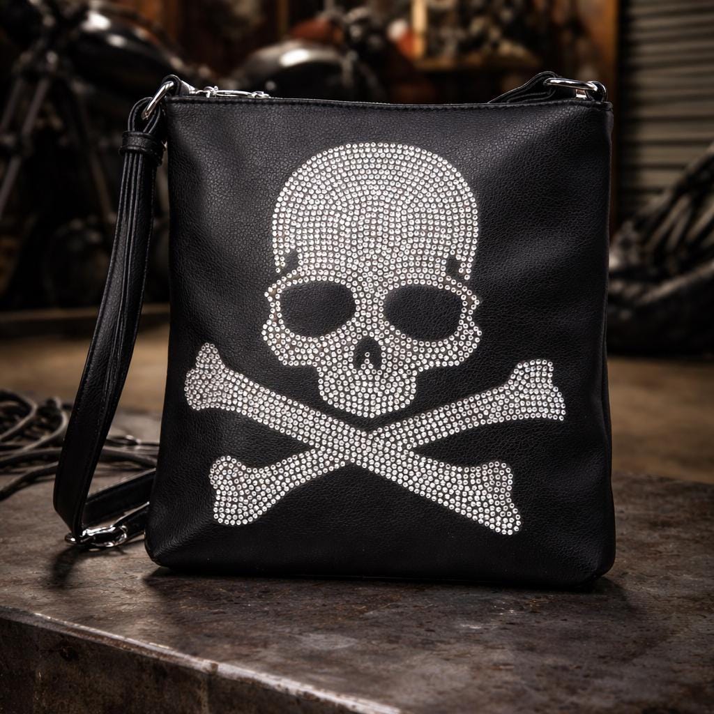 Rhinestone Skull Purse Set: Black Faux Leather Bag and Wallet Combo