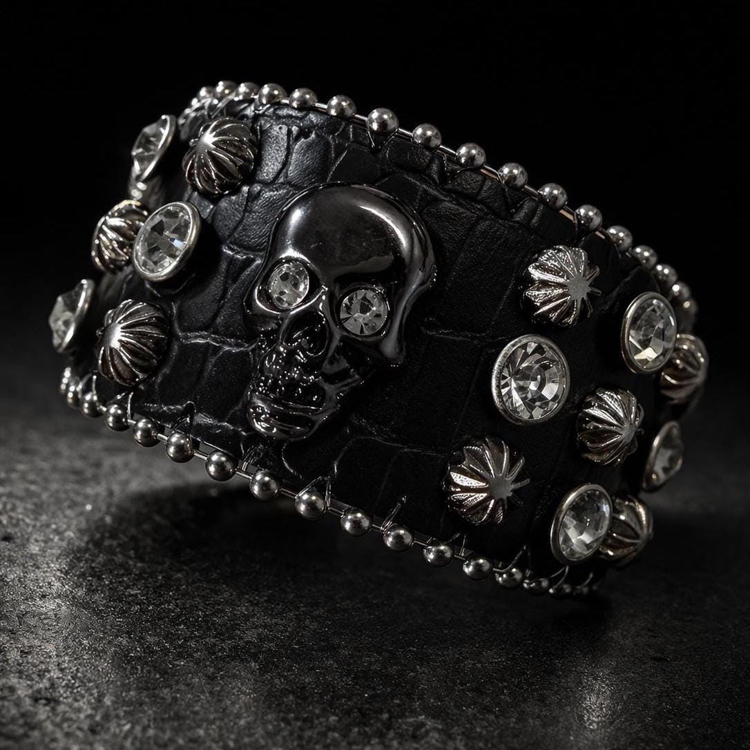 Skull Rhinestone Skull Cuff Bracelet: Faux Leather Punk Jewelry for Women