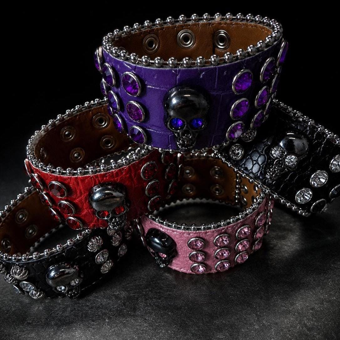 Skull Rhinestone Skull Cuff Bracelet: Faux Leather Punk Jewelry for Women