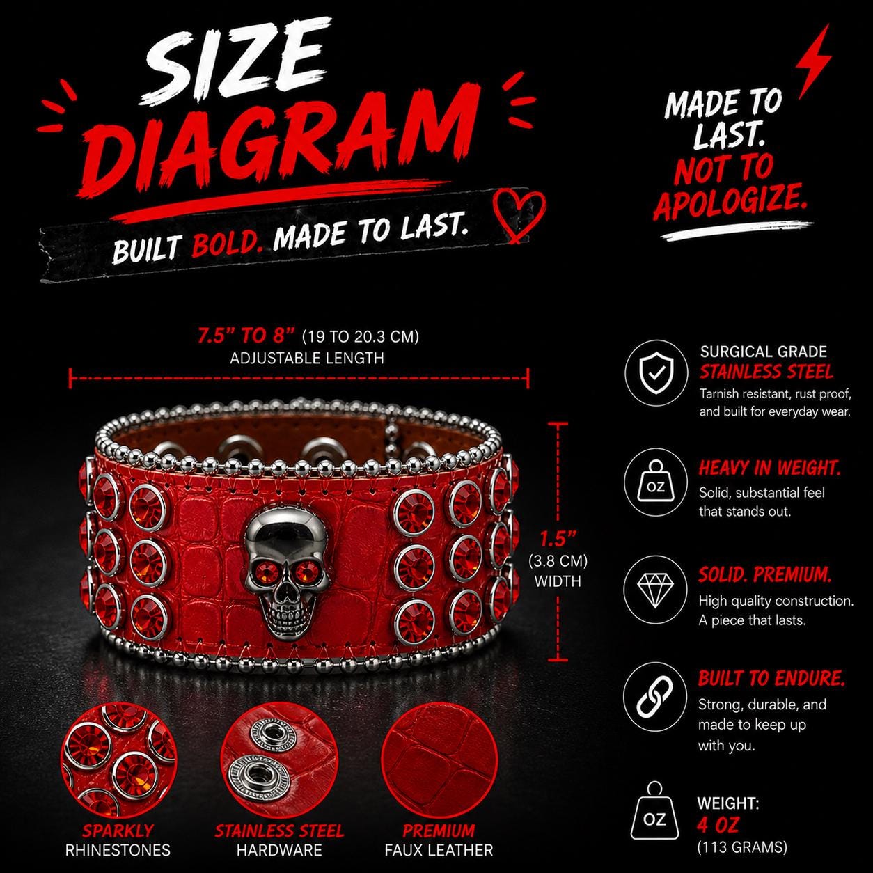 Skull Rhinestone Skull Cuff Bracelet: Faux Leather Punk Jewelry for Women