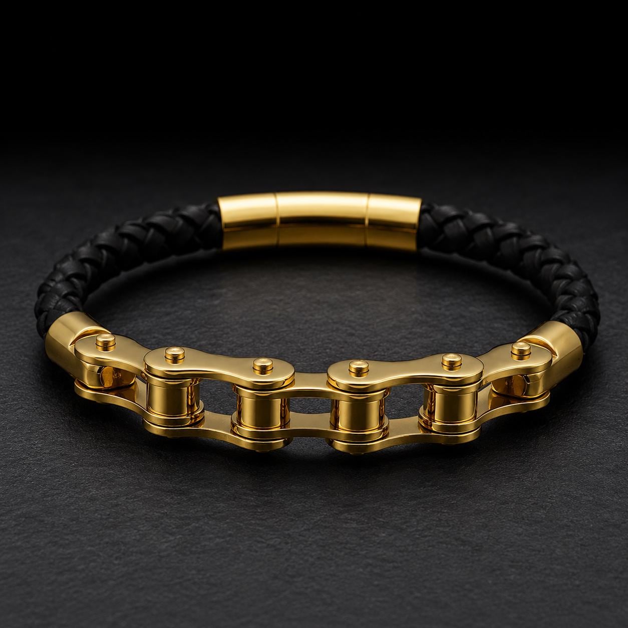 Handmade Leather Chain Link Motorcycle Bracelet for Men in Variety of Colors