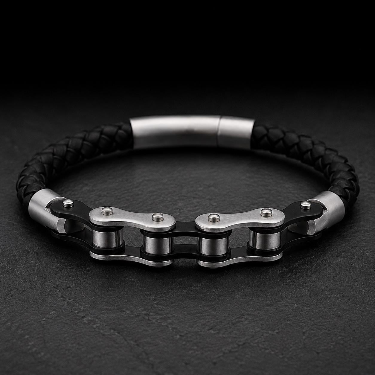 Handmade Leather Chain Link Motorcycle Bracelet for Men in Variety of Colors