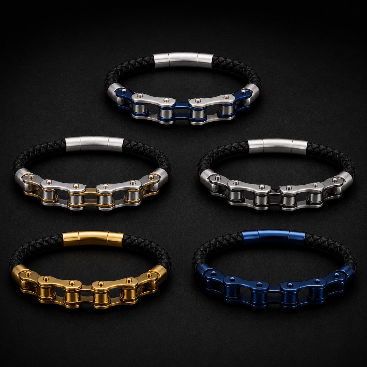 Handmade Leather Chain Link Motorcycle Bracelet for Men in Variety of Colors