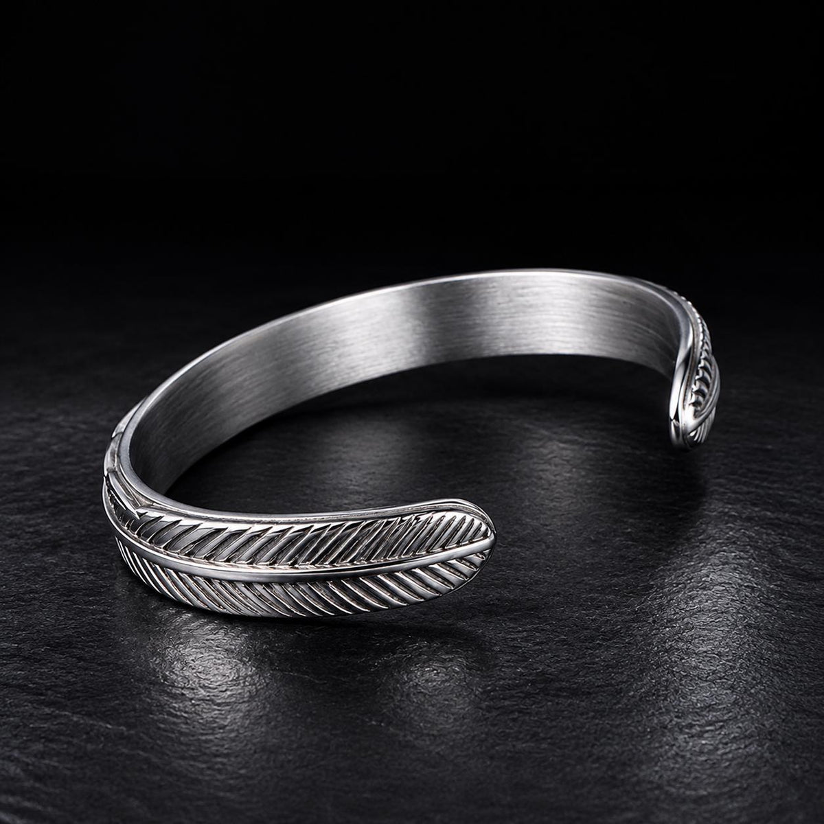 Feather Cuff Bracelet, Stainless Steel Biker Bracelet, Mixed Metal Adjustable Cuff, Unisex Western Jewelry Gift