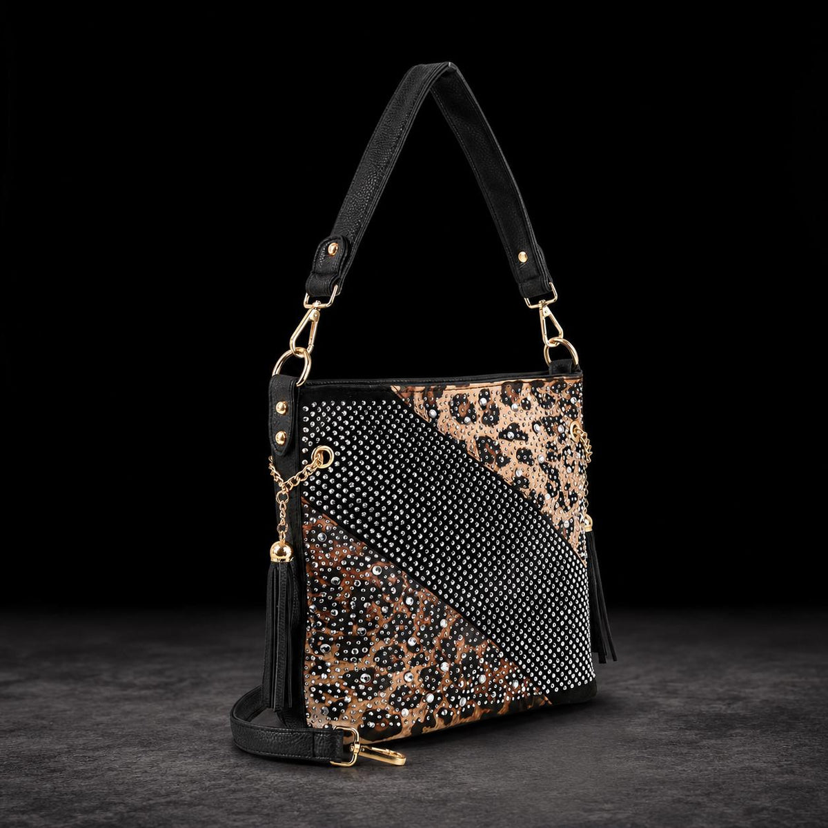 Leopard Rhinestone Crossbody Purse: Black Glam Statement Bag for Women