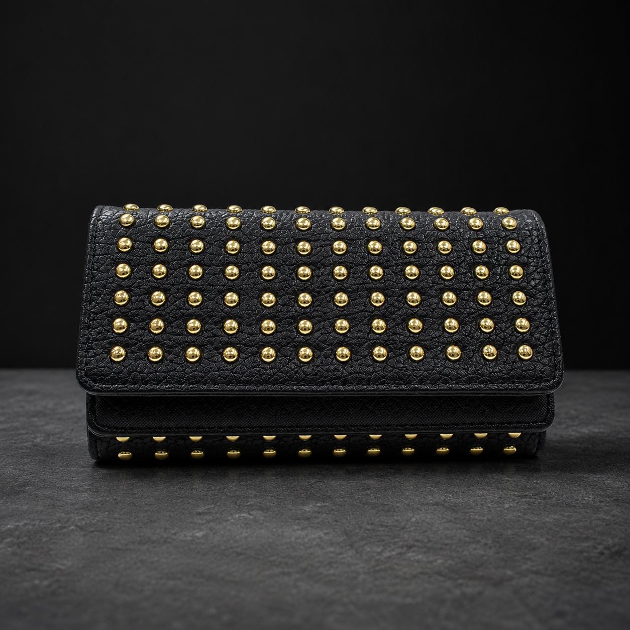 Black Studded Clutch Wallet, Faux Leather Organizer Wallet, Gold Stud Purse, Punk Rock Fashion Accessory, Womens Long Wallet